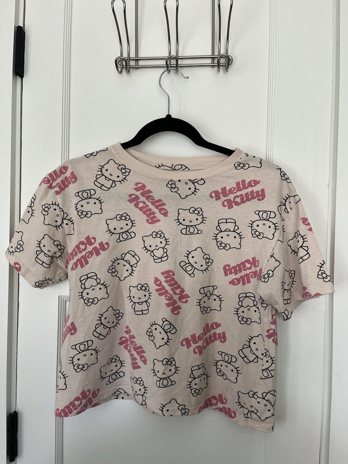 Hello Kitty by Sanrio Women’s S Beige All-Over Print Crew Neck Cotton Tee