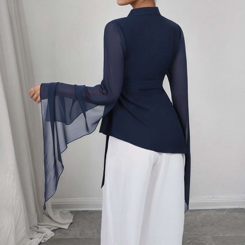 Women Chiffon Wrap V Neck Business Casual Shirt Office Asymmetrical Blouse Tops