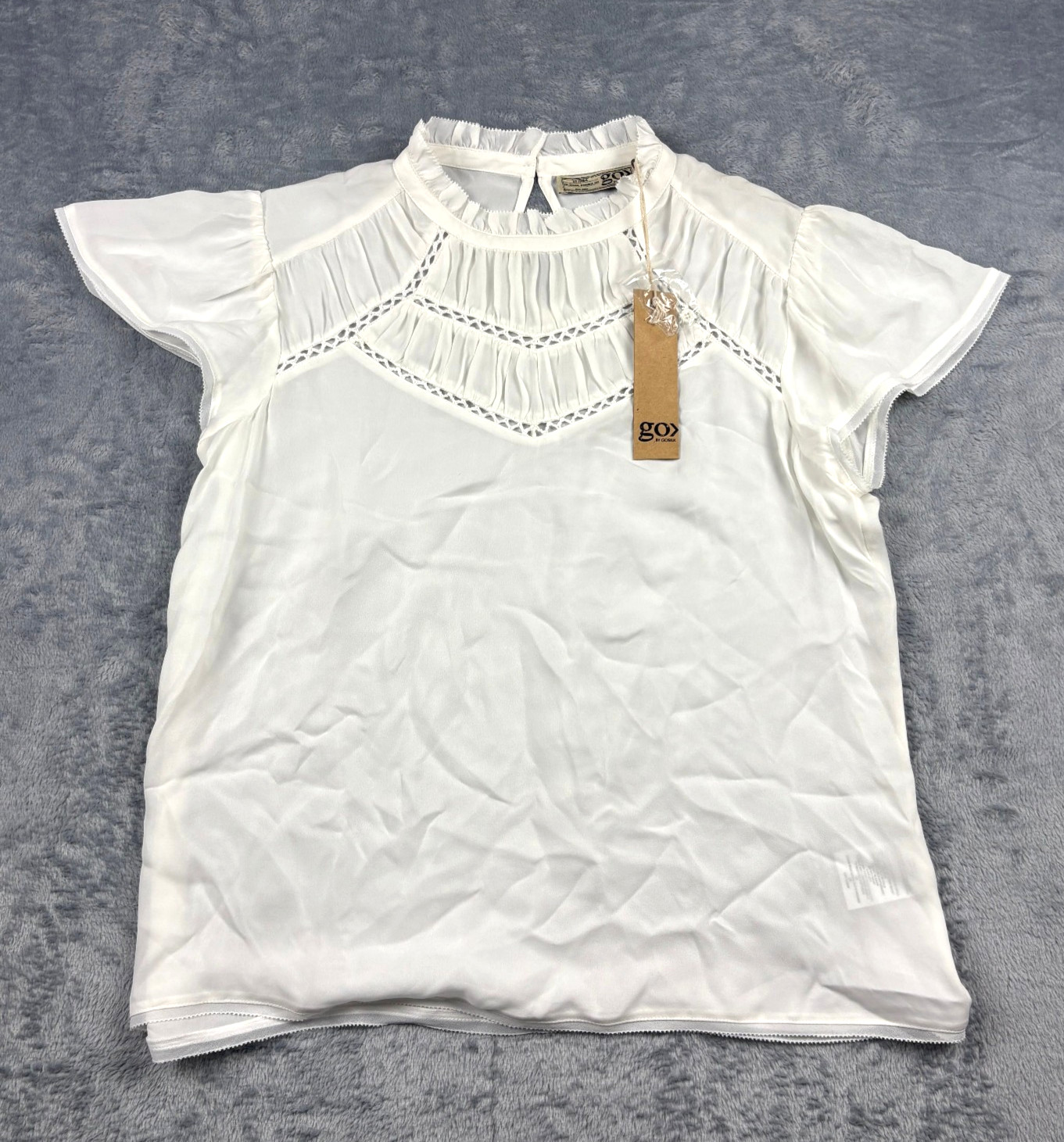 NWT $380 Go Silk WHITE Throwback Top Blouse Short Sleeve Eyelet Women’s S SMALL