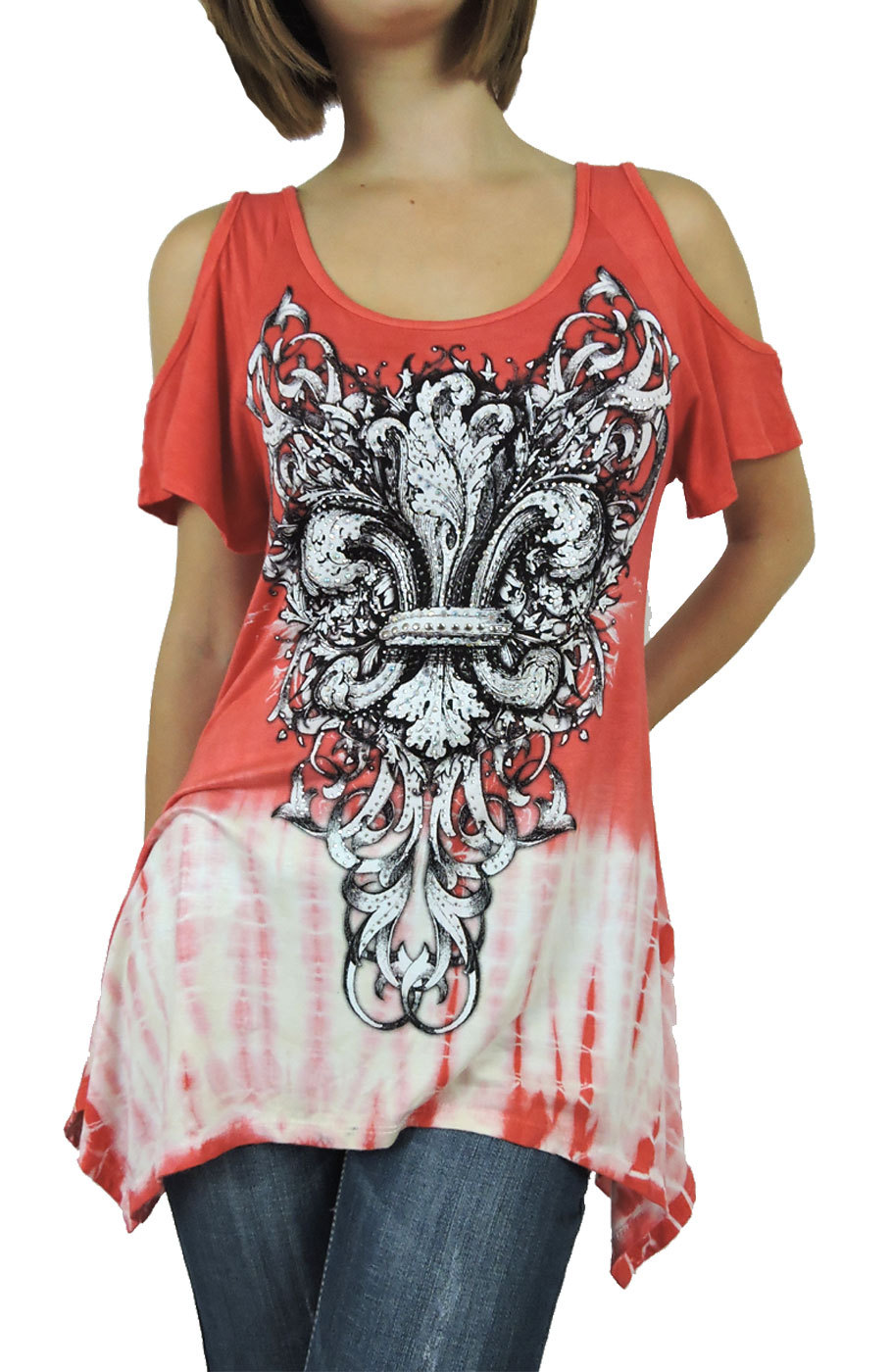 Sugar Rock Women Shark Bite Shirt Crystal Tribal Fleur Shoulder Cut-out Tie Dye