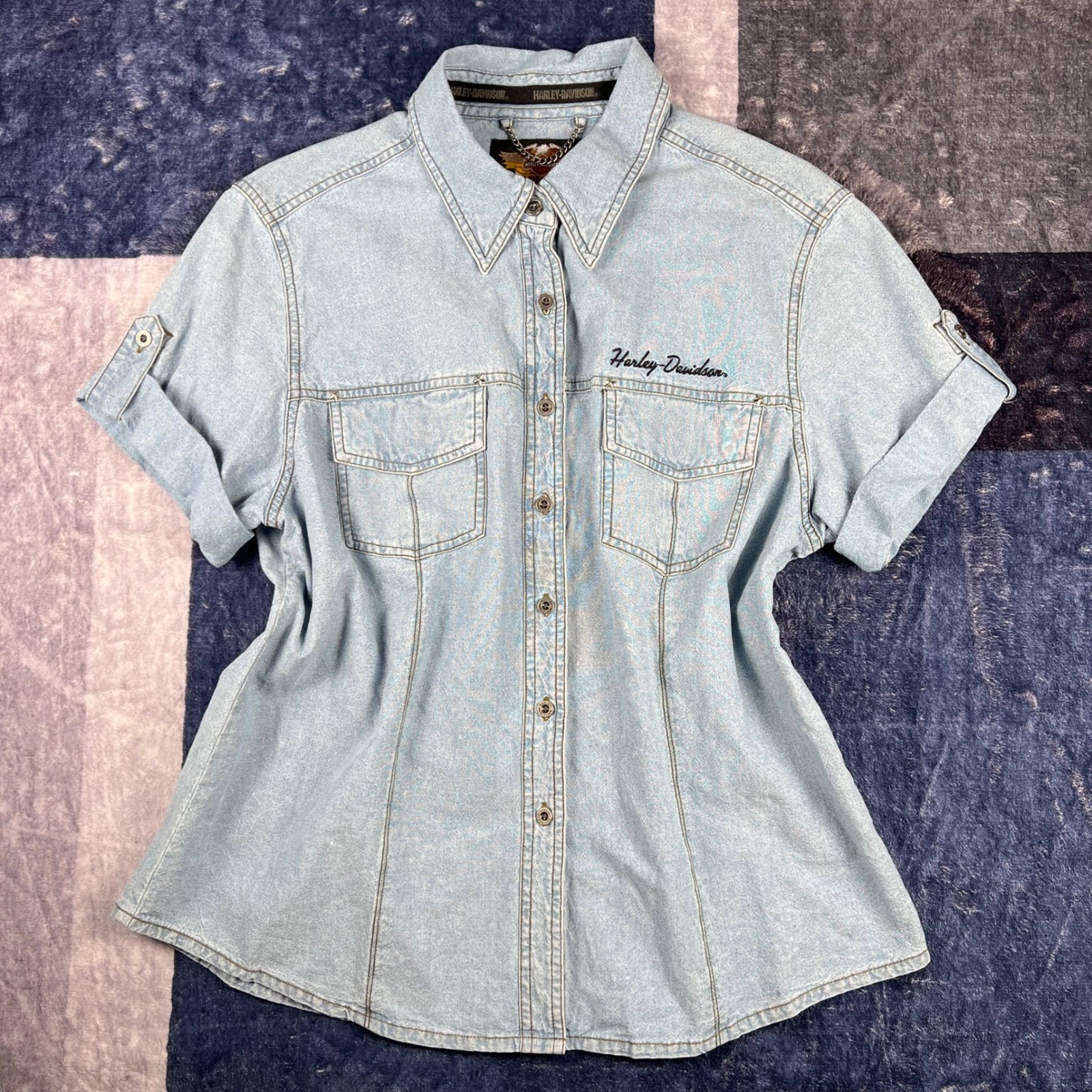 Harley Davidson Womens Large Light Wash Denim Short Sleeve Button Up Shirt Moto