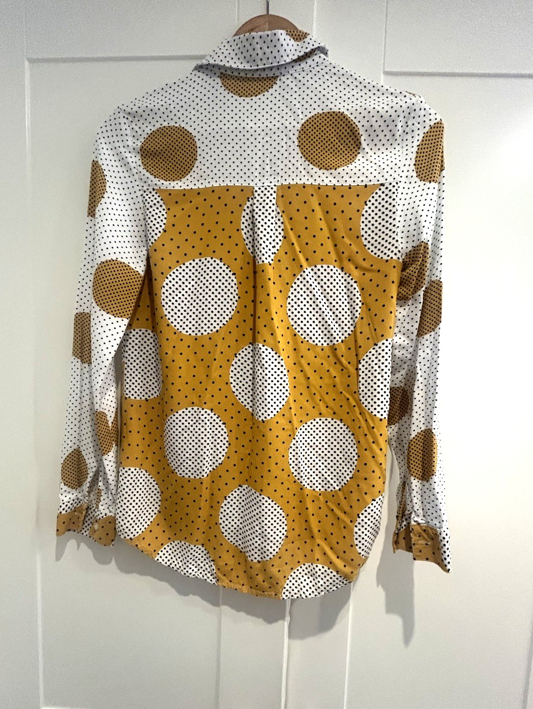 TU UK 8 Mustard White Polka Dot Shirt 100% Viscose Long Sleeve Button Blouse