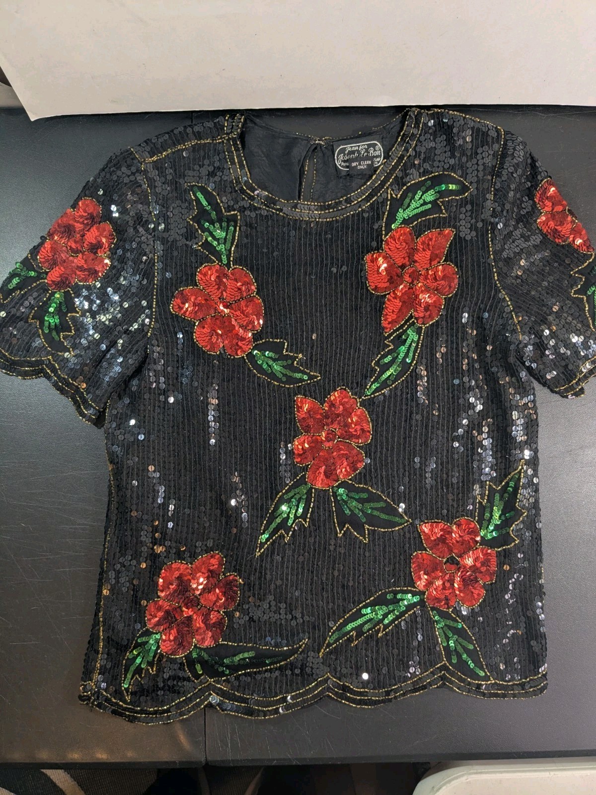 Jean For Joseph Le Bon Vintage Black Sequenced Floral Silk Blouse Top Size M/L