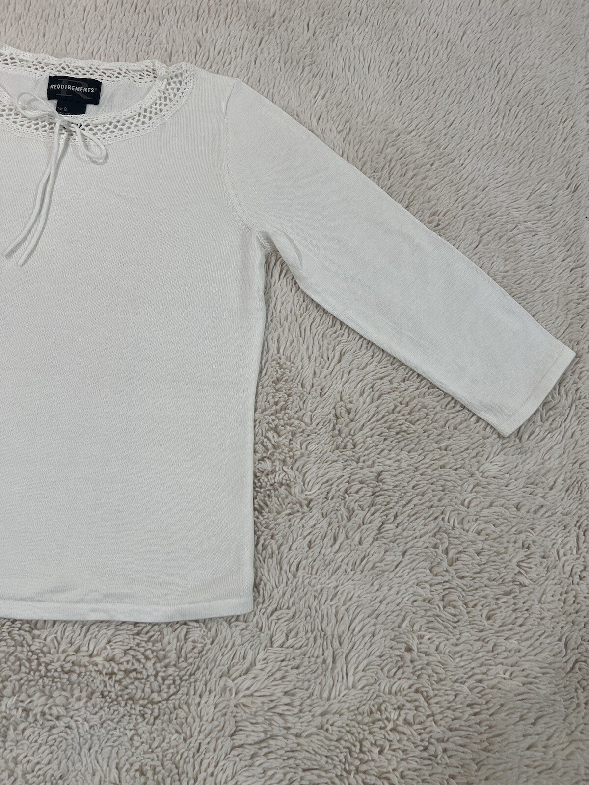 Requirements Crochet String tied Round Neckline White shirt 3/4 sleeves Size S
