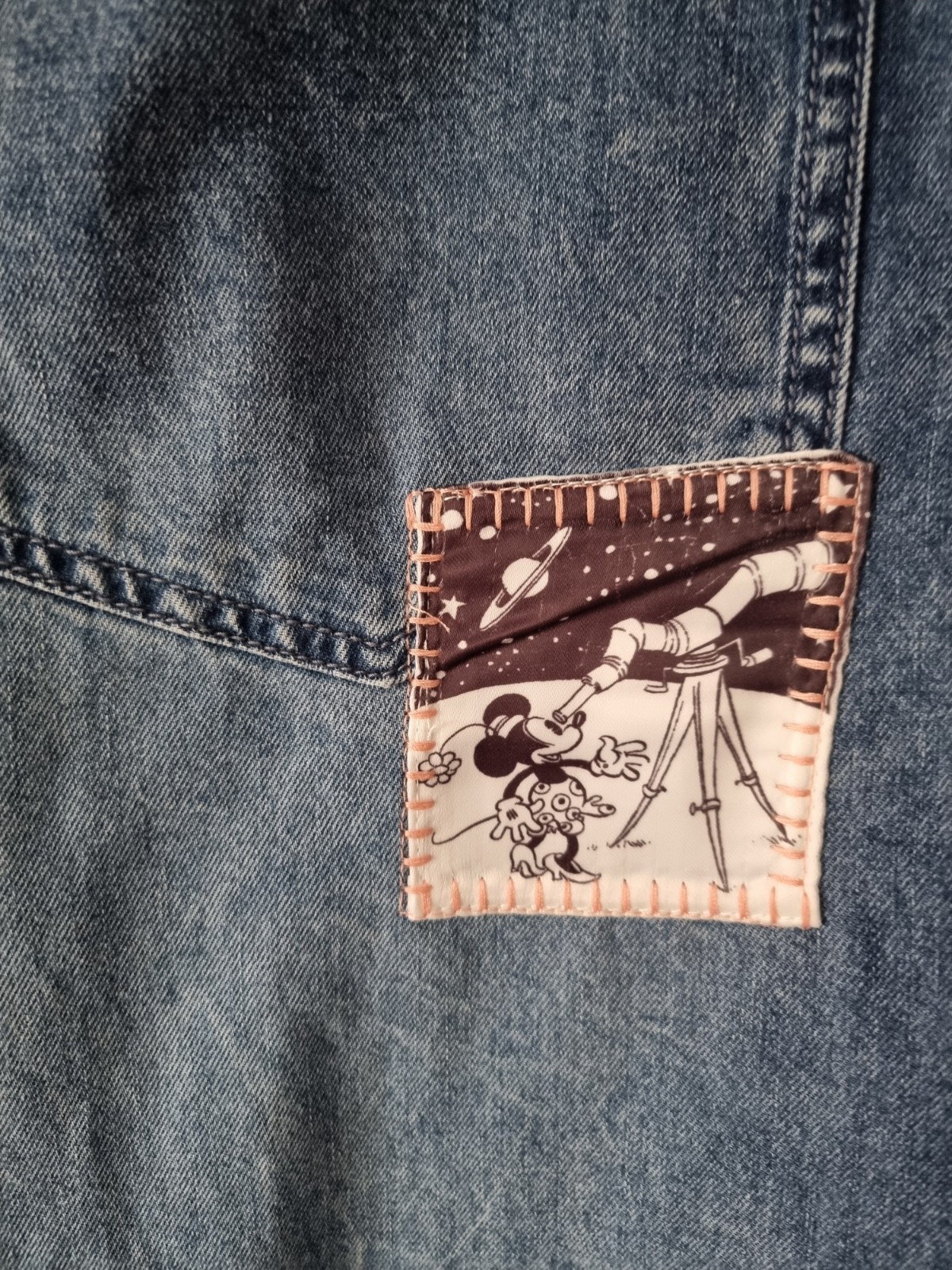 Desigual Disney Denim Pearl Snap Shirt Large Mickey Mouse Satin Back Shacket