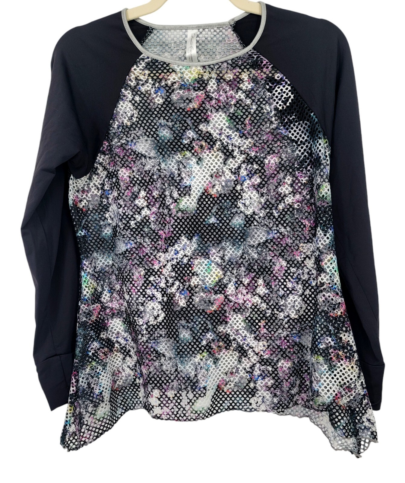 Denise Cronwall Activewear Long Sleeve Mesh Sheer Top Black Multi-Color Floral M