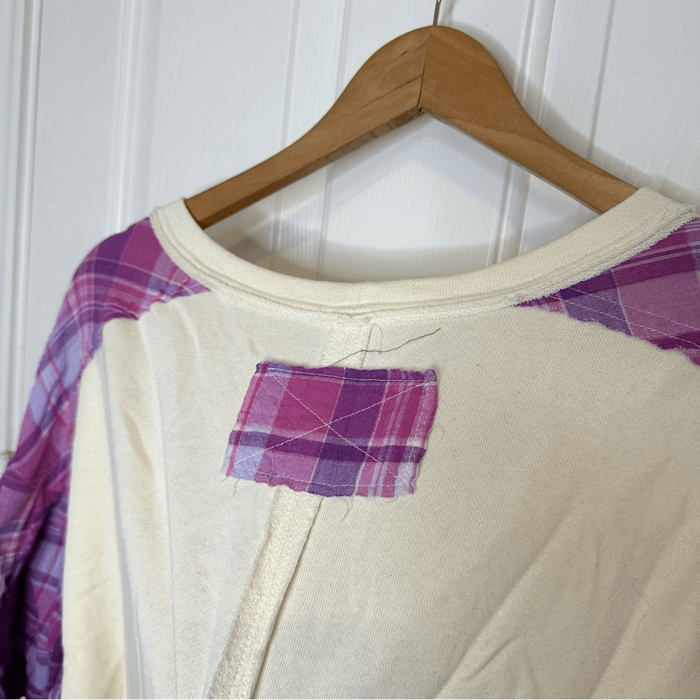 BNWT Sage+Fig Peace Sign Creme Purple Plaid Sleeve Oversized Top 1XL Boho Preppy