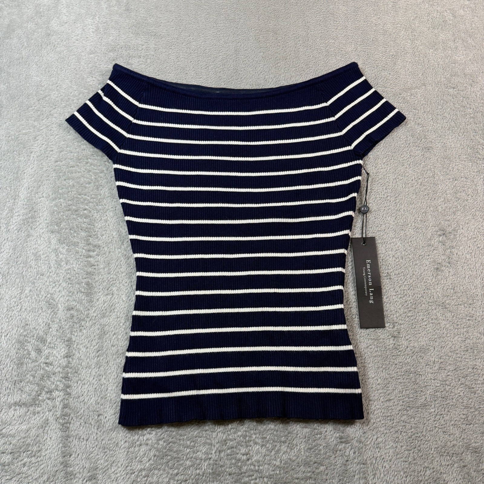 Emerson Lang Ribbed Knit Top Women Medium Navy Blue Striped Off Shoulder NWT