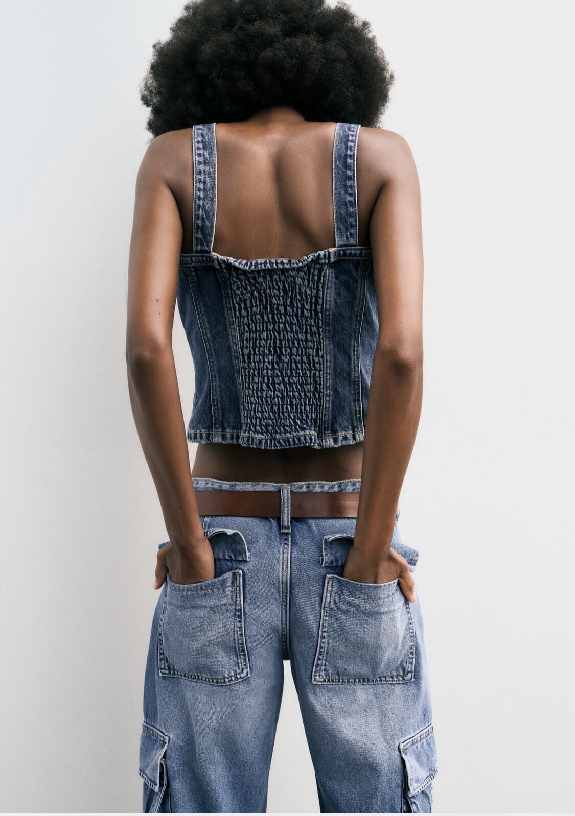 Zara Denim Top, With Square Neckline Adjustable Strap Patch Pocket Small