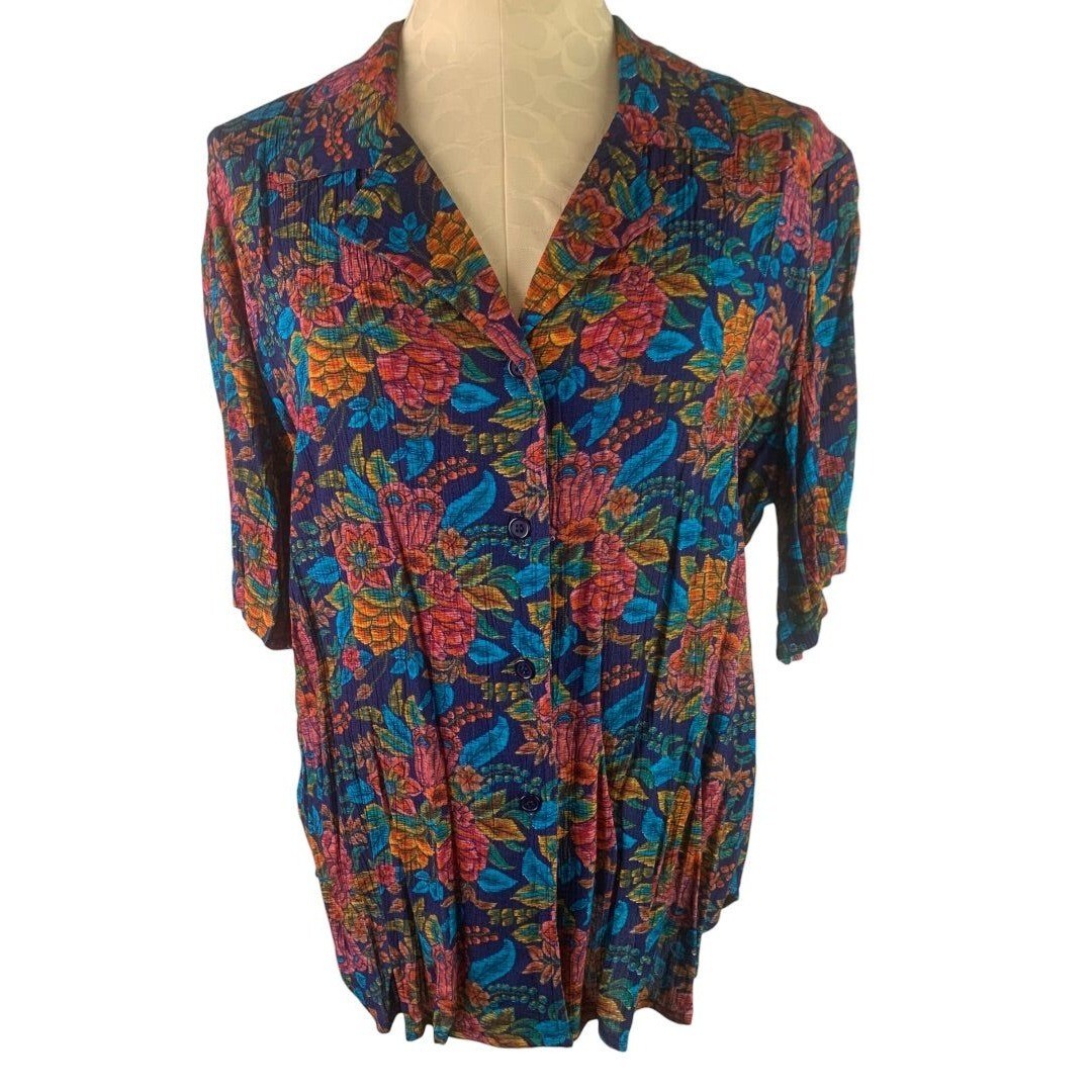 10P Surburban Petites Women’s Vintage 80s Short Sleeve Button Up Blouse Floral