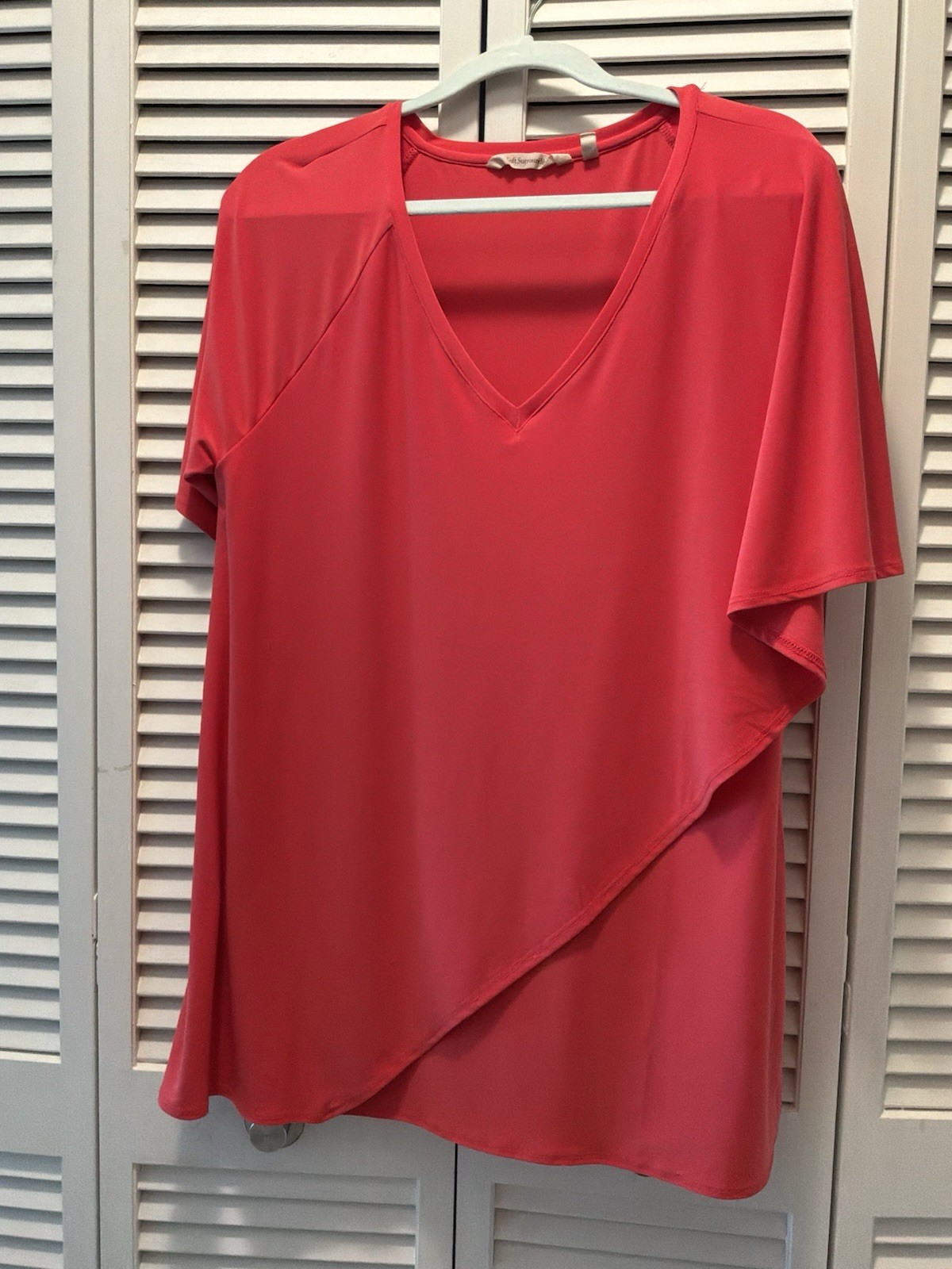 Soft Surroundings Coral Red Asymmetric Drape Front Tunic Top V-Neck Size L
