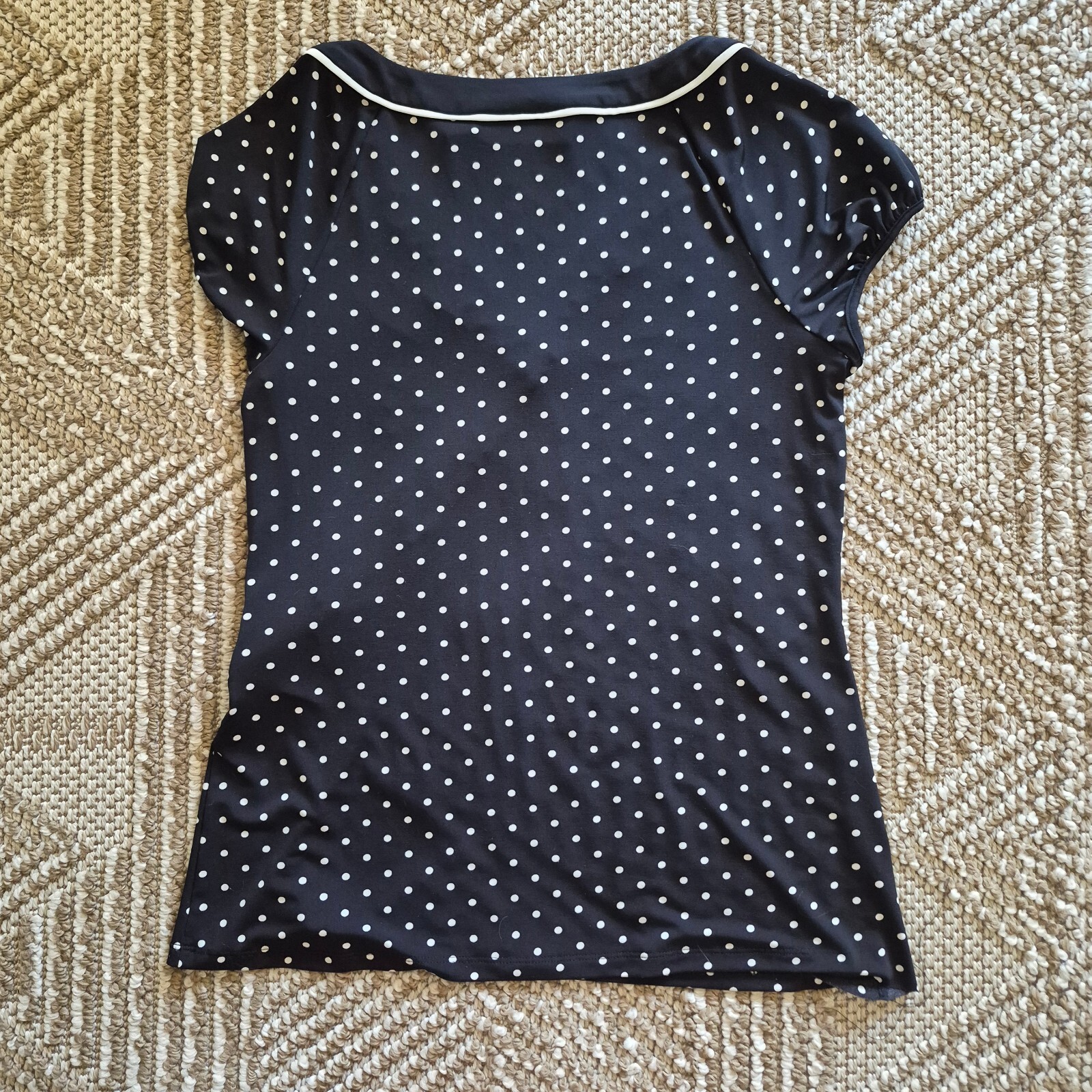 Y2K Coquette Polka Dot V-Neck Top INC Black White Contrast Trim Wrap Shirt M