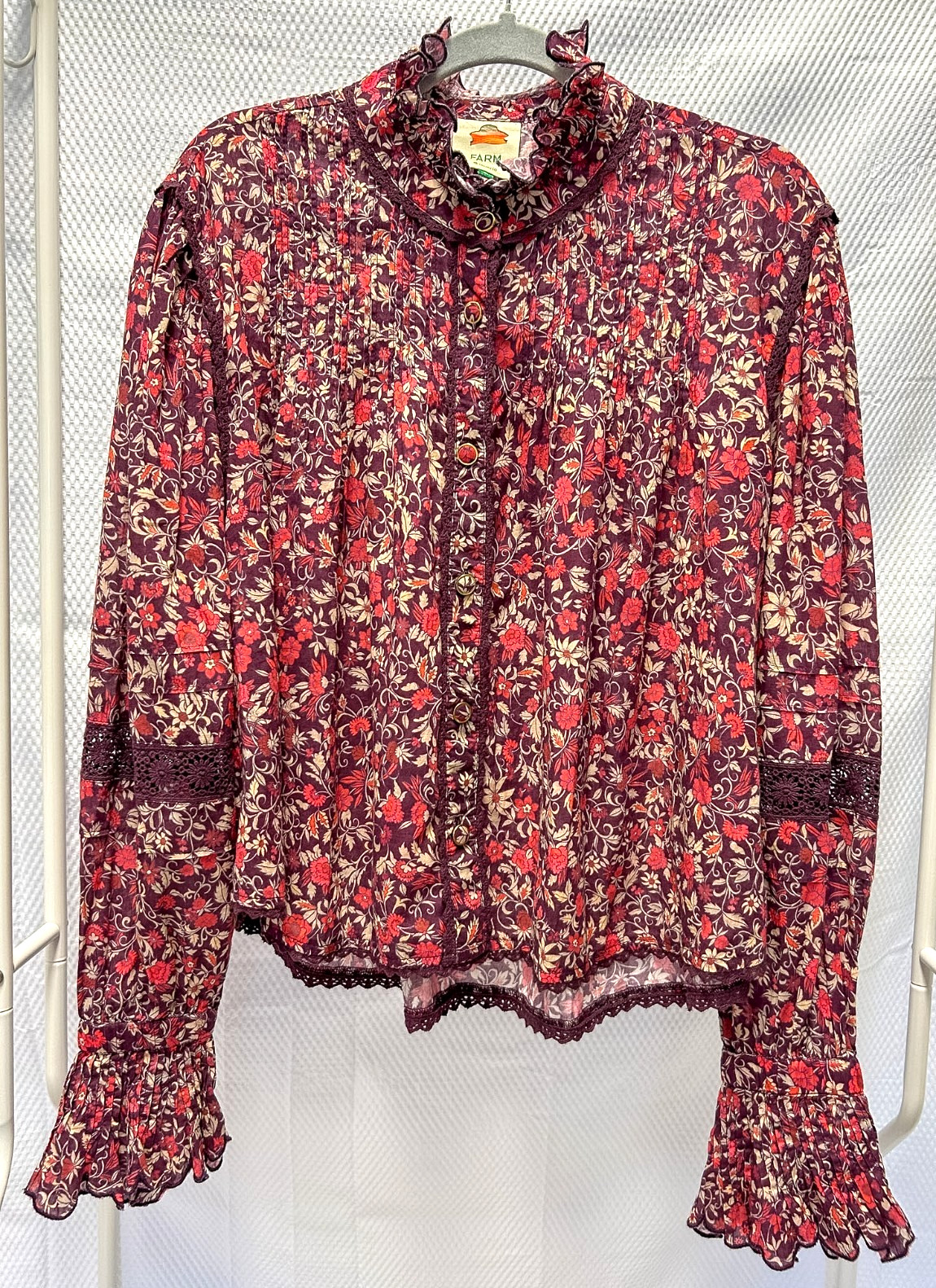 Farm Rio Chelsea Floral Burgandy/Red Ruffle Lace Blouse / Cotton / Size Large