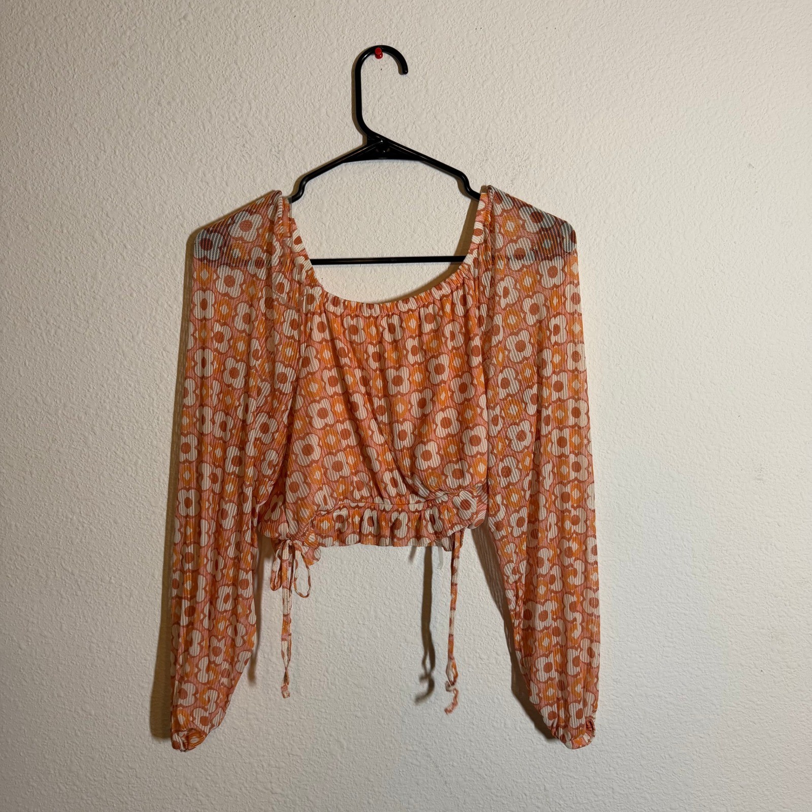 Madden NYC Orange Floral Print Long Sleeve Crop Top Sweetheart Neckline Large