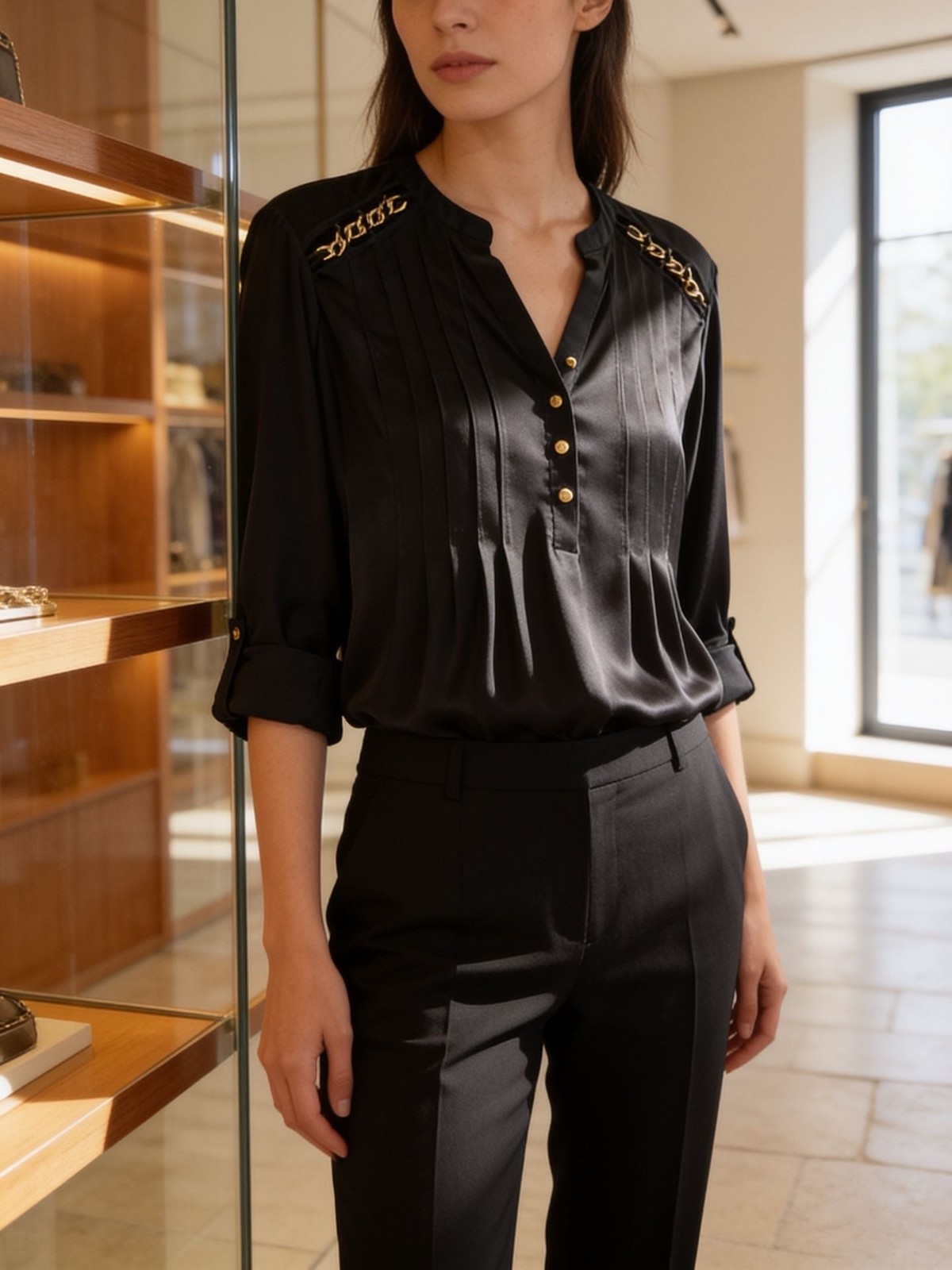 Ava & Grace Women’s Pintuck Front Blouse with Gold Chain Shoulder Detail