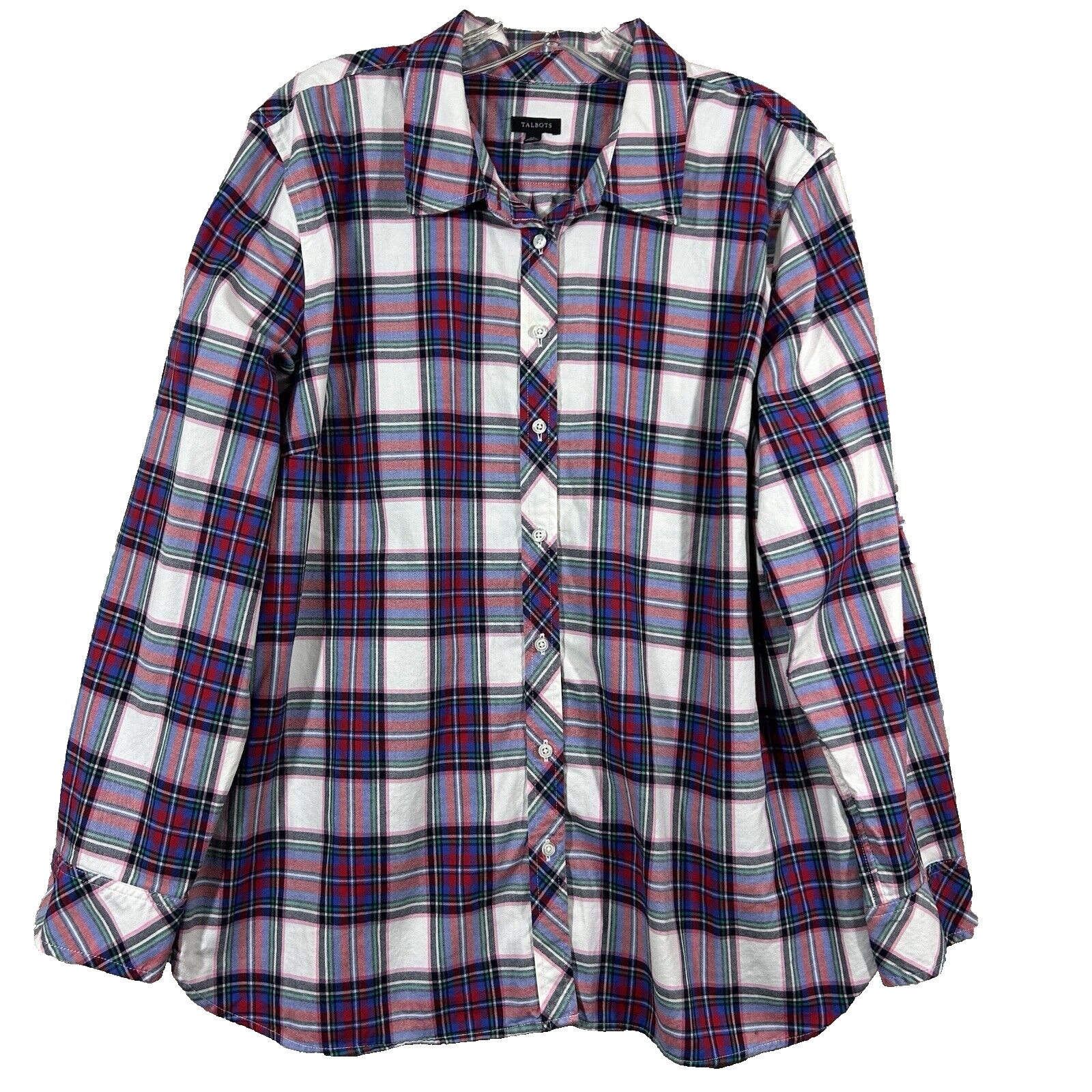 Talbots Shirt Women XL Red White Blue Multi Plaid Button Up Long Sleeve Cotton