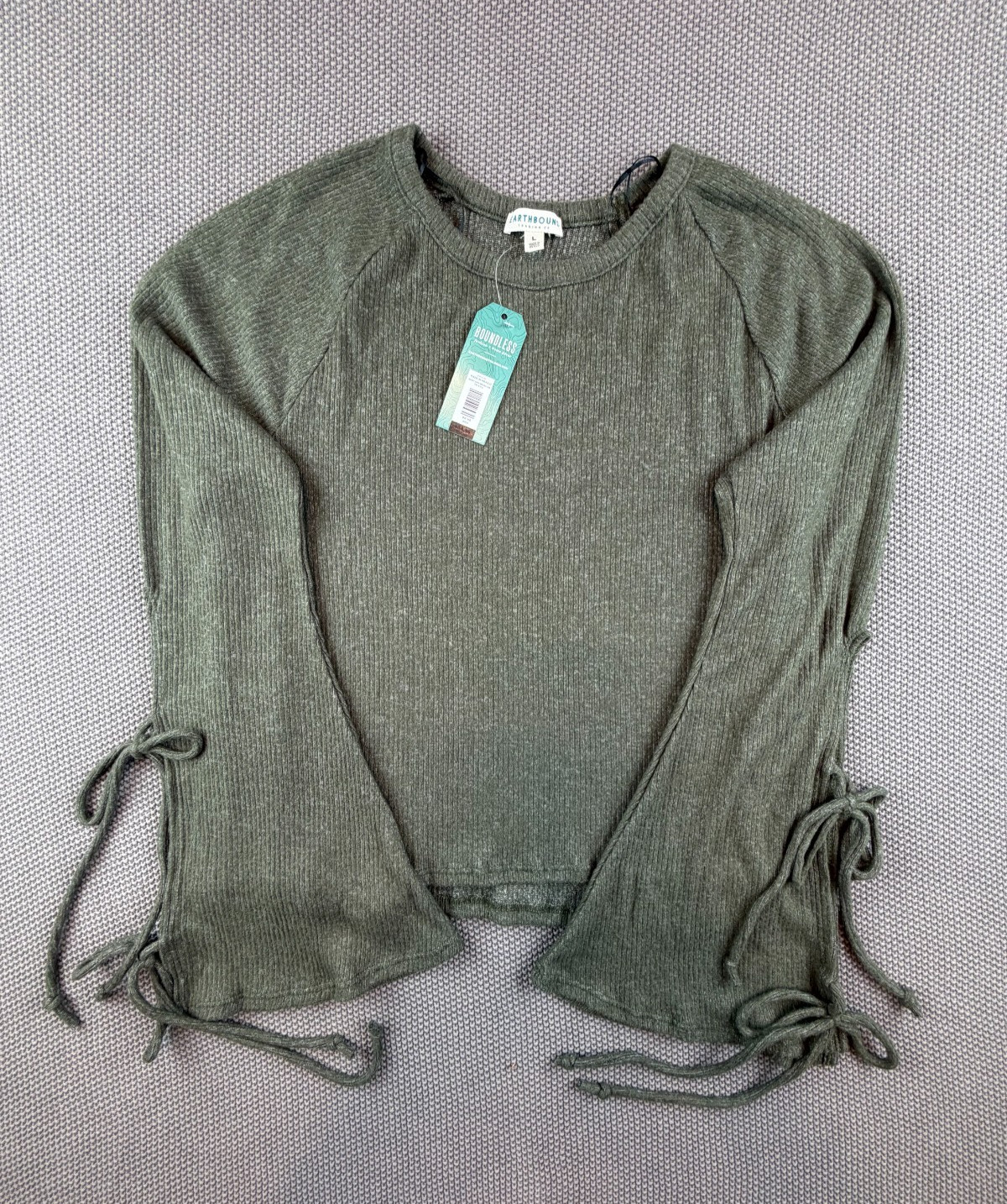 BOHO CHIC Earthbound Trading Co Moss Ribbed Bow Bell Sleeve Top Size L NWT