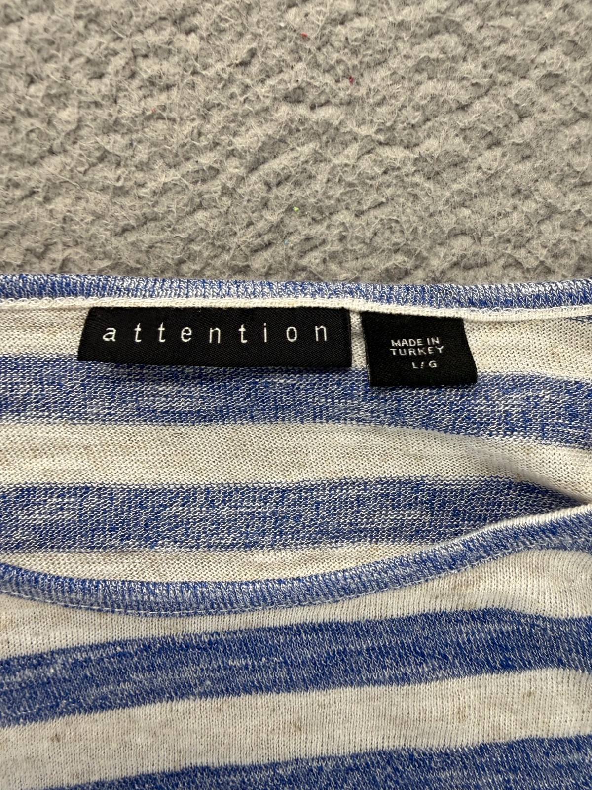 Attention Womens Pullover Long Sleeve Lace Hem Top White Blue Stripes Size L