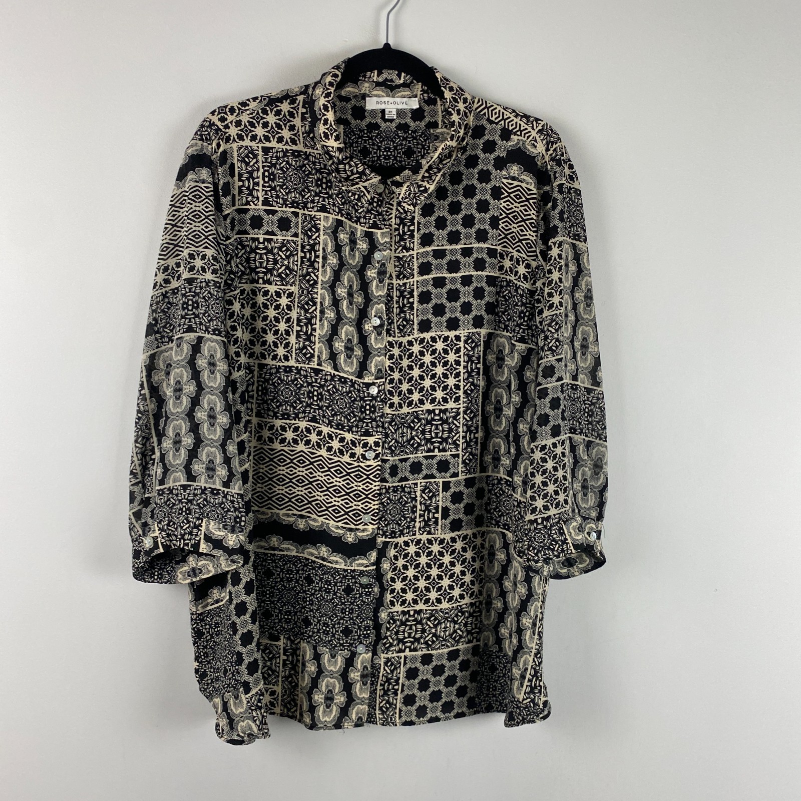 Rose + Olive Button Up Shirt Size 2X Black Patchwork Print 3/4 Sleeves Boho