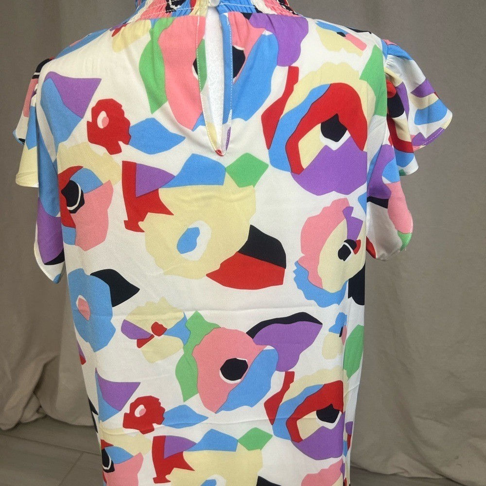 THML Colorful Smocked Mock Neck Ruffled Cap Abstract Print Blouse Sz M