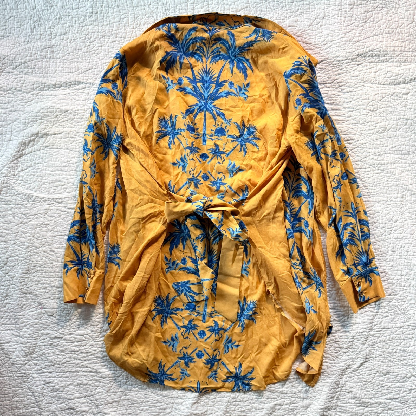 $198 NWT Aquari Yellow Blue Palm Tree Robe Wrap Dress Size S Boho Resort Wear