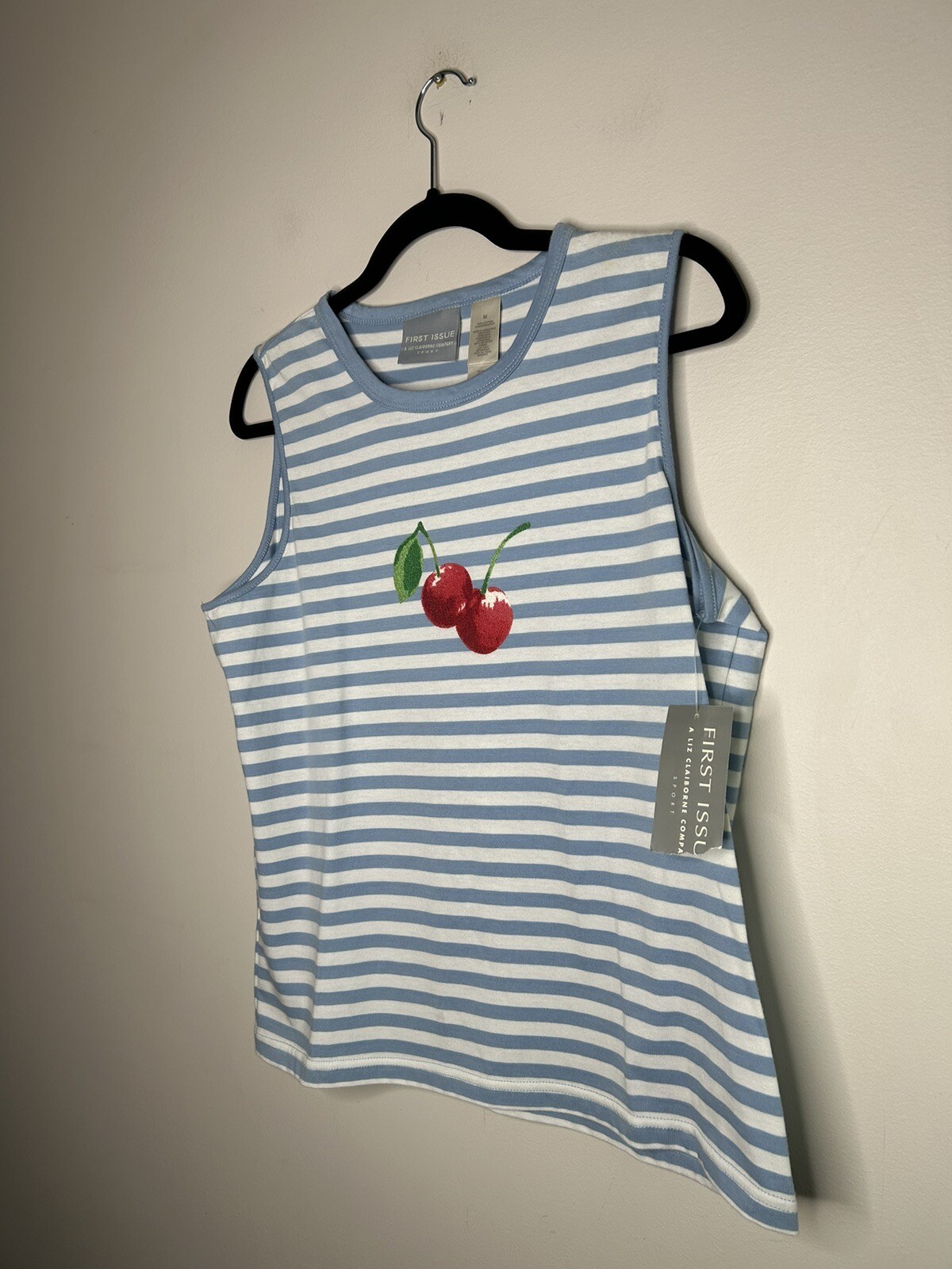 First Issue Liz Claiborne Blue White Striped Cherry Tank Top Y2K Size Medium NWT