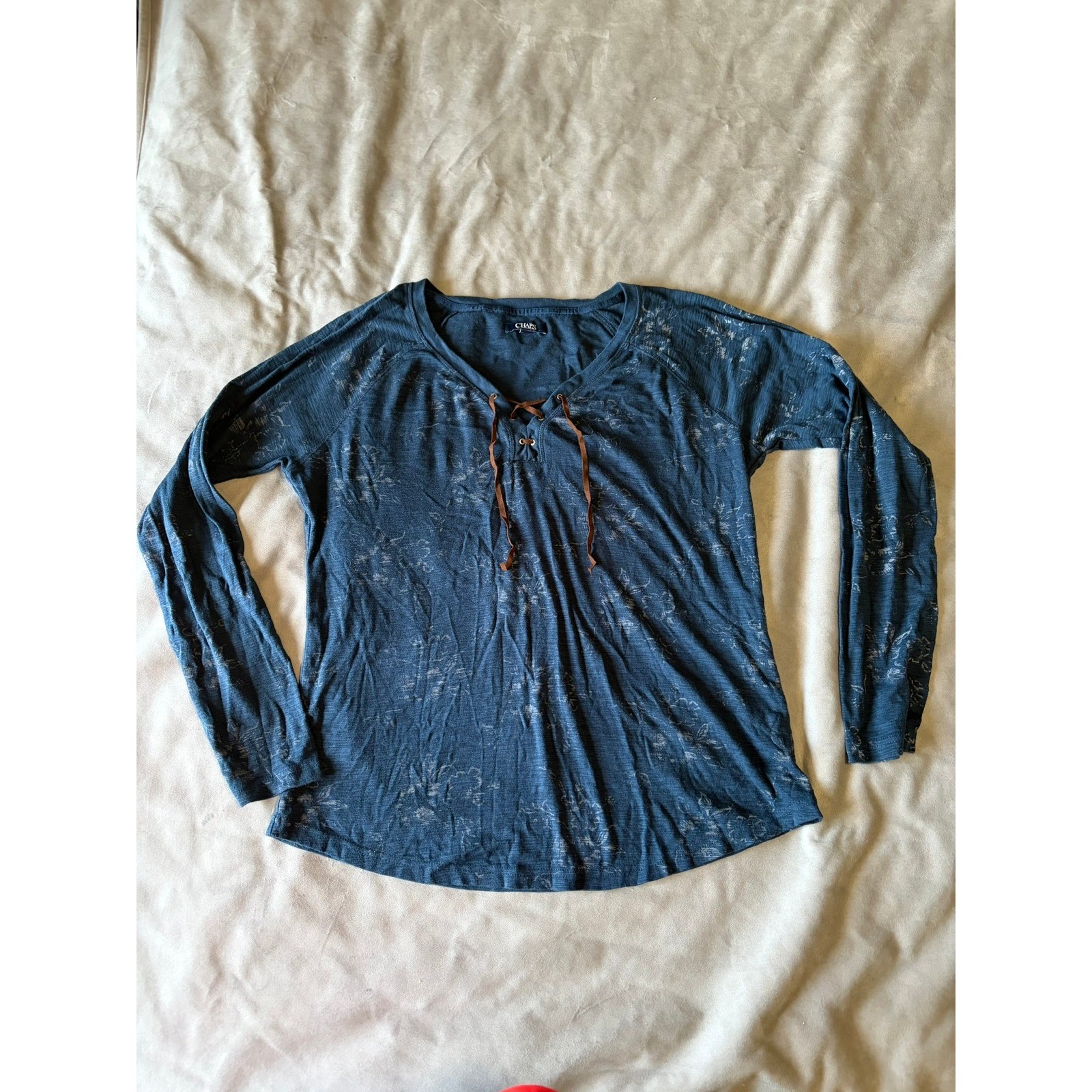 Chaps Womens XL Blue Floral Long Sleeve Lace Up V-Neck Raglan Top