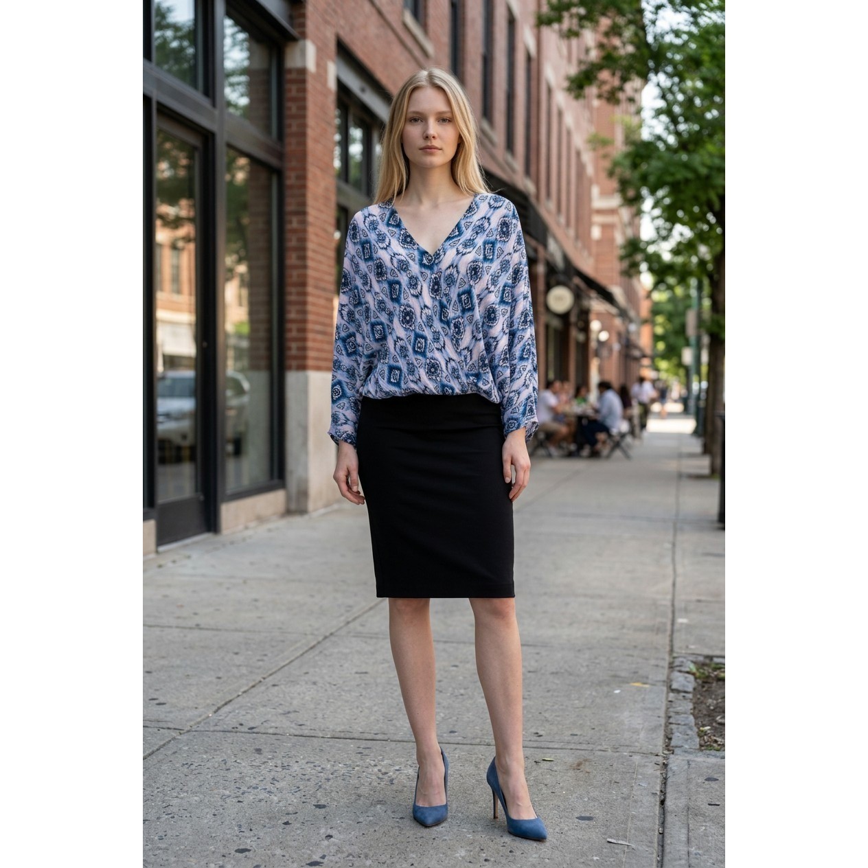 Andree By Unit Womens Large Blue Pink Ikat Surplice Dolman Sleeve Blouse NWT