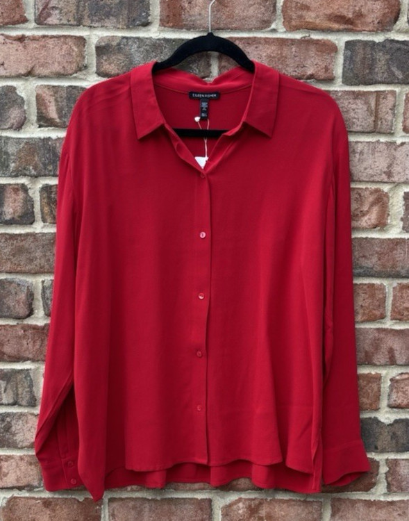NWT Eileen Fisher Scarlet Red Silk Georgette Crepe Classic Collar Shirt $278 M