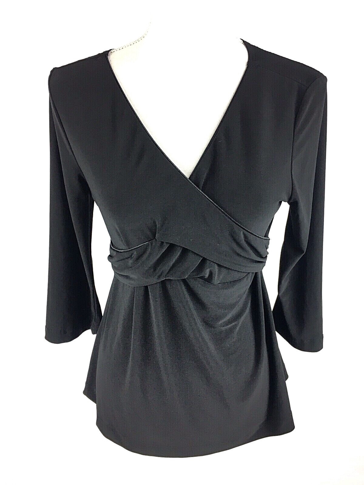 JW Japanese Weekend Womens Tie Waist Blouse S Small Black Stretch V-Neck Euc