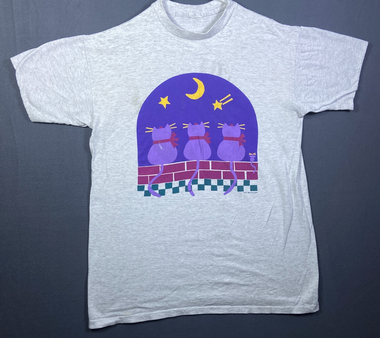 Vintage 90s Cat On a Brick Wall Shirt L Single Stitch Art Two Tone Lined Momcore