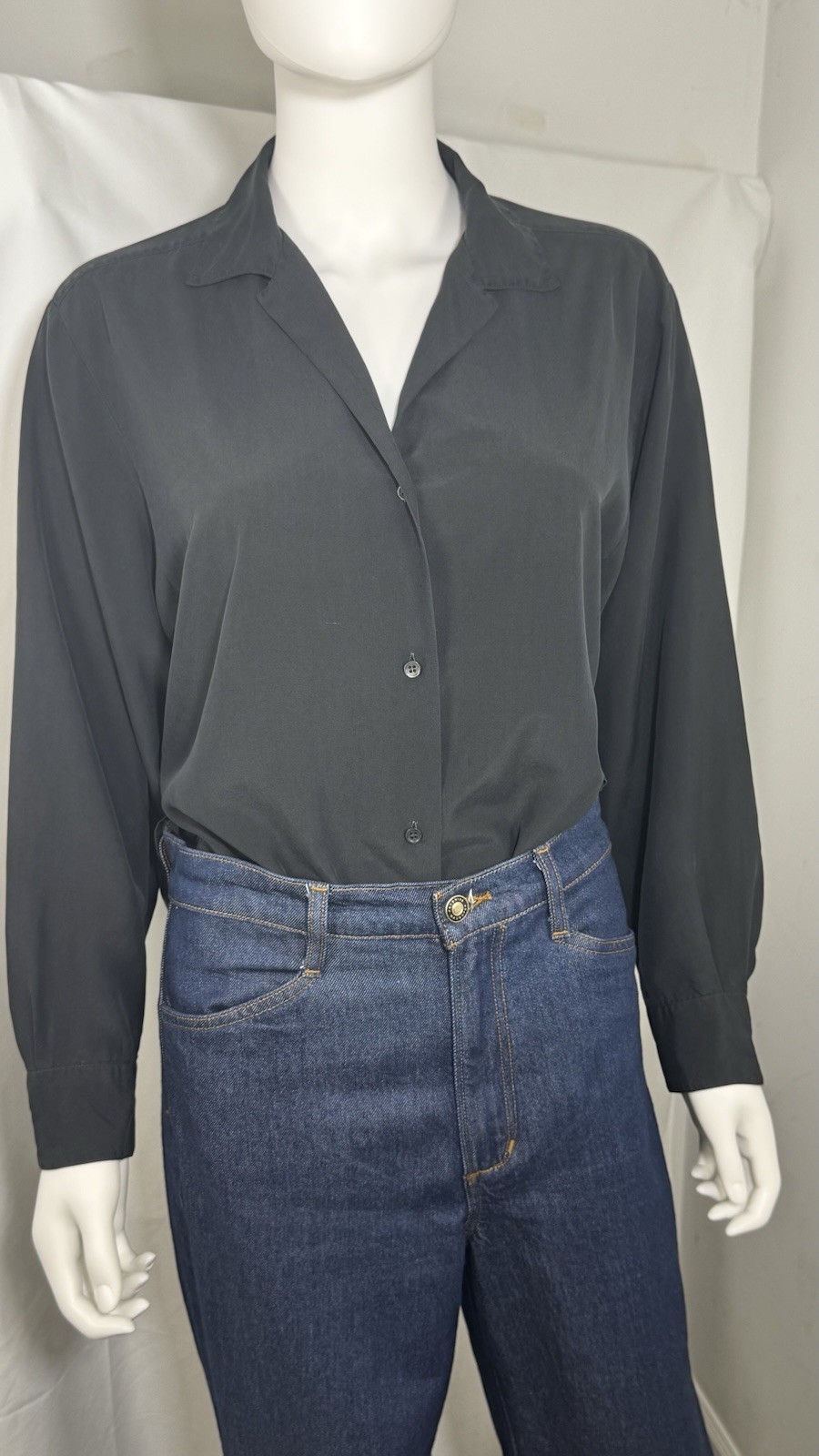 VTG Agnes b. Paris 100% Silk Button Down Blouse Charcoal Small Made in France S
