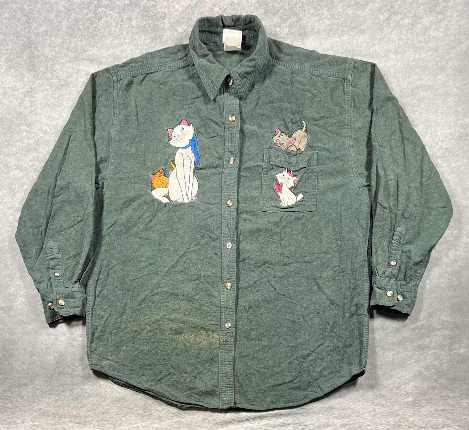 Vintage 90s Disney Store The Aristocats Green Flannel Button-Up Shirt Size L