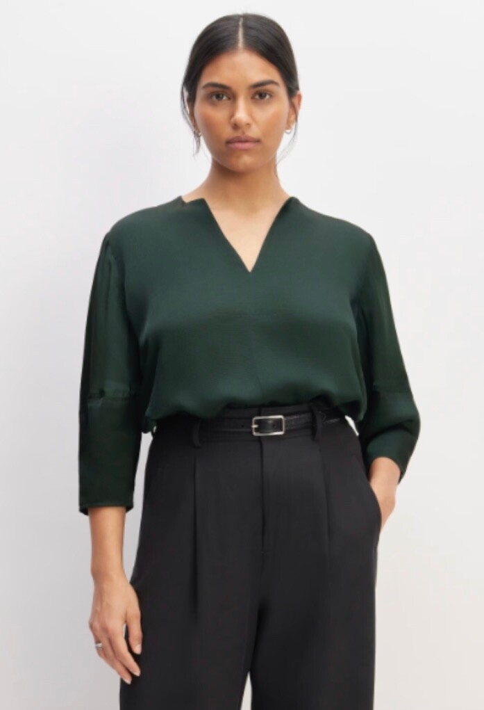 NWT Everlane Hammered Satin Balloon Sleeve Blouse, Dark Green, Sizes XS, L
