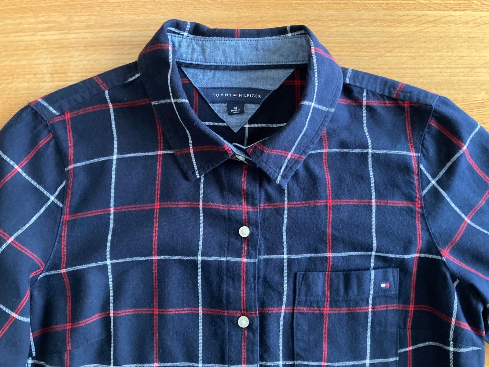 Women’s Tommy Hilfiger Quarter Button Long Sleeve Navy, Red, White Plaid Shirt-M