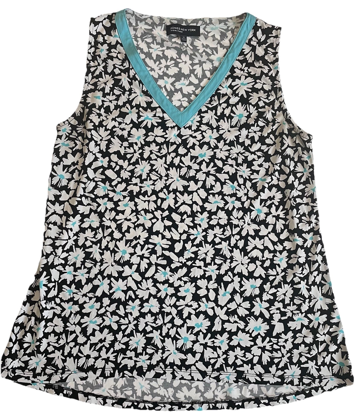 Jones New York Floral Blouse Womens M Sleeveless V Neck Aqua Black Coastal Chic