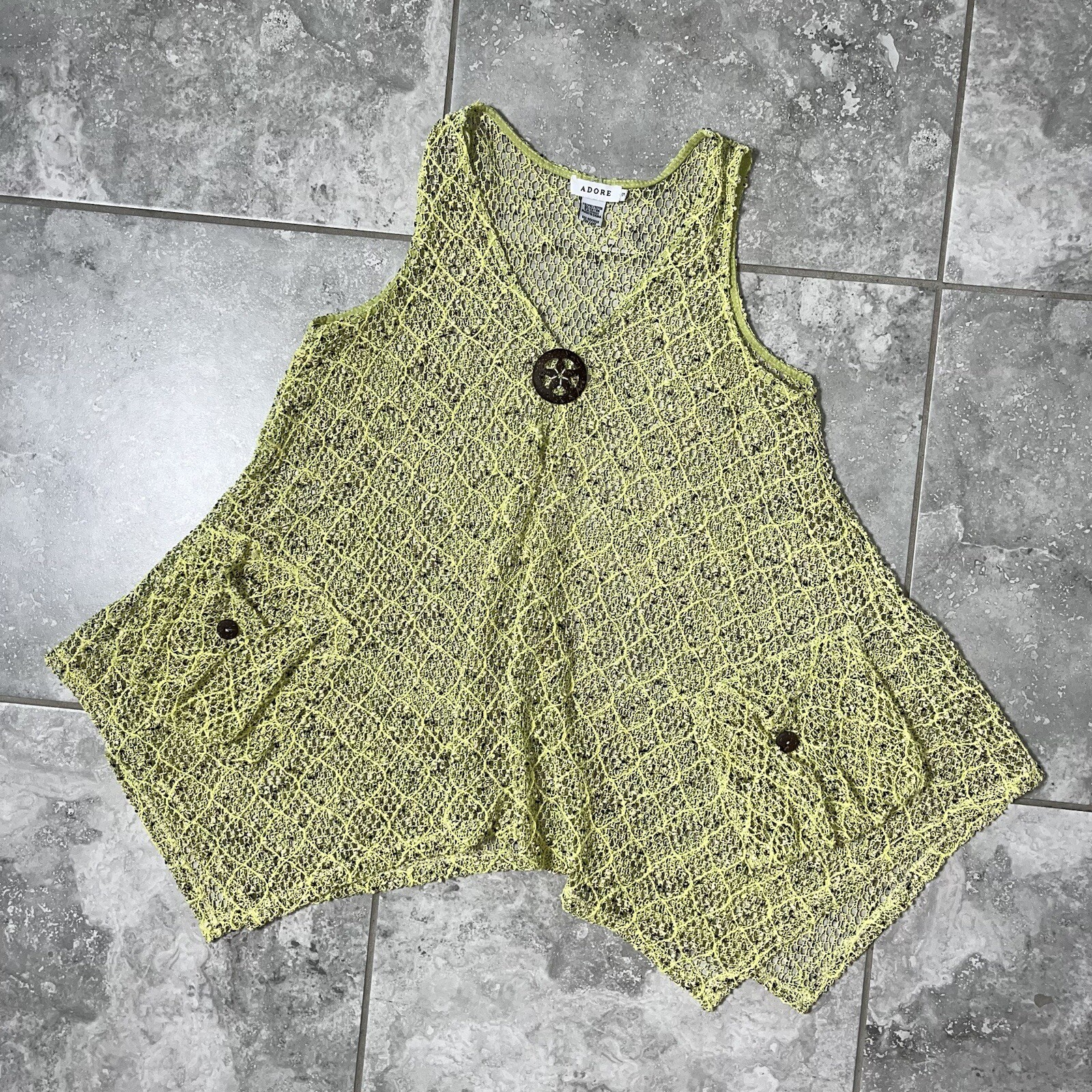 Adore Open Crochet Knit Sleeveless Lagenlook Artsy Tunic Top Blouse y2k Yellow S