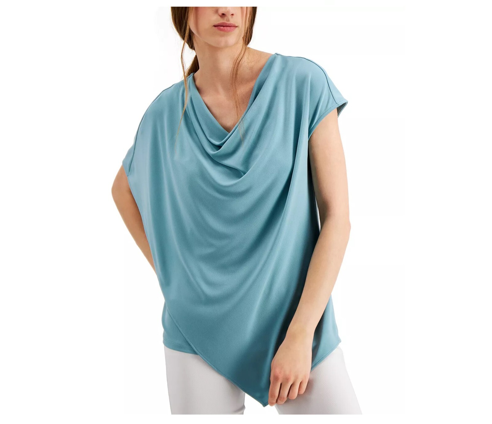Alfani Womens M Precious Jade Blue Cowl Neck Asymmetrical Blouse Top NWT BG60