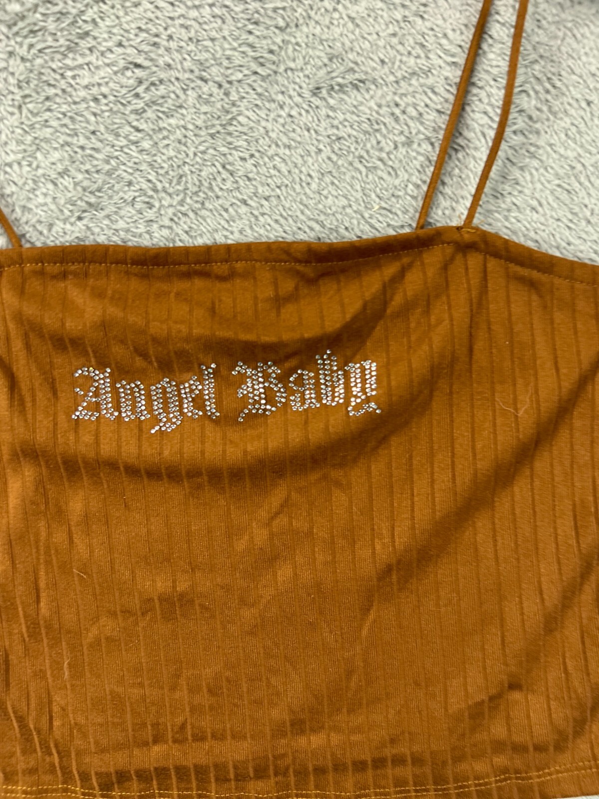 Angel Baby Crop Top Cami Tank Medium Brown Rib Rhinestone Logo Rue21 Sleeveless