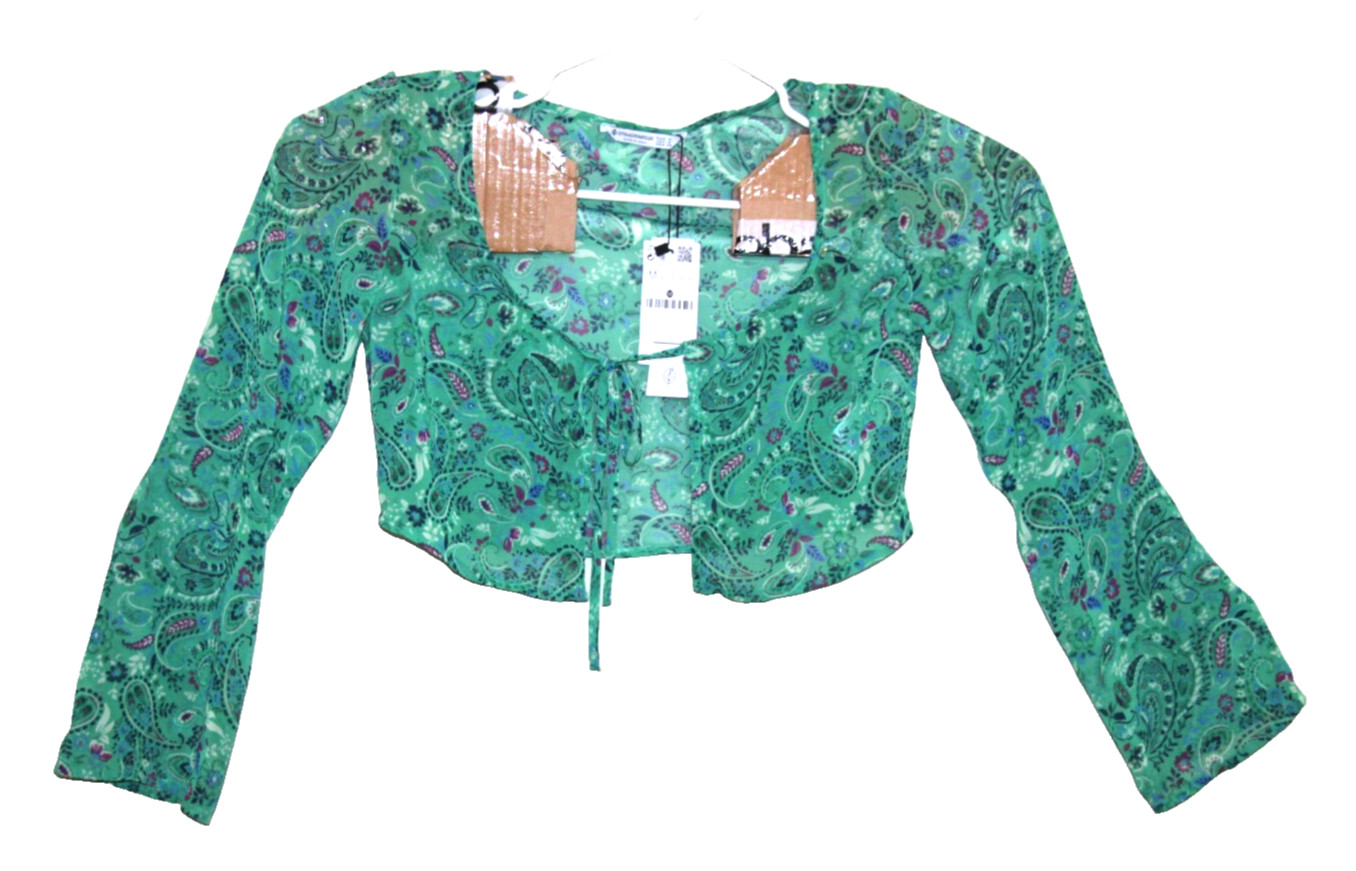 Stradivarius Womens Crop Top Floral Sheer Paisley Tie Green 100% Long Sleeve Med