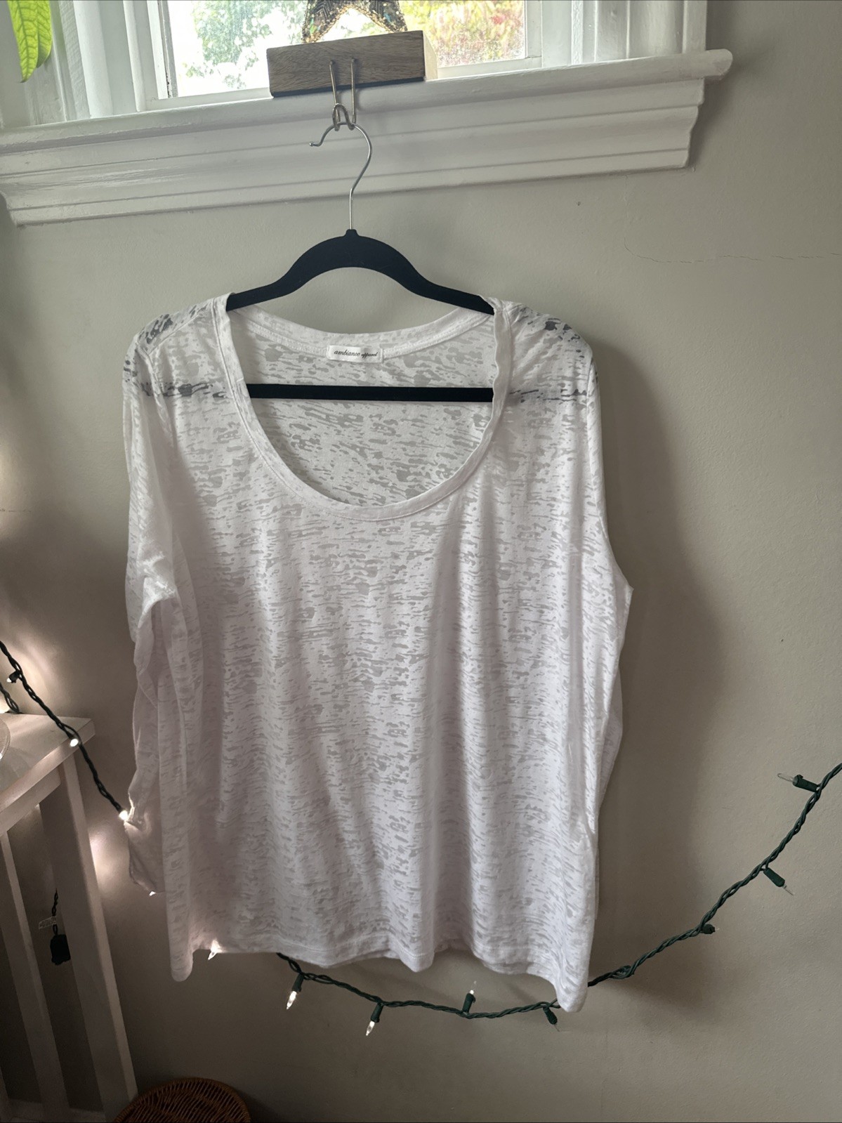 Ambiance Apparel White Sheer Long Sleeve Tshirt Scoop Neck Xl