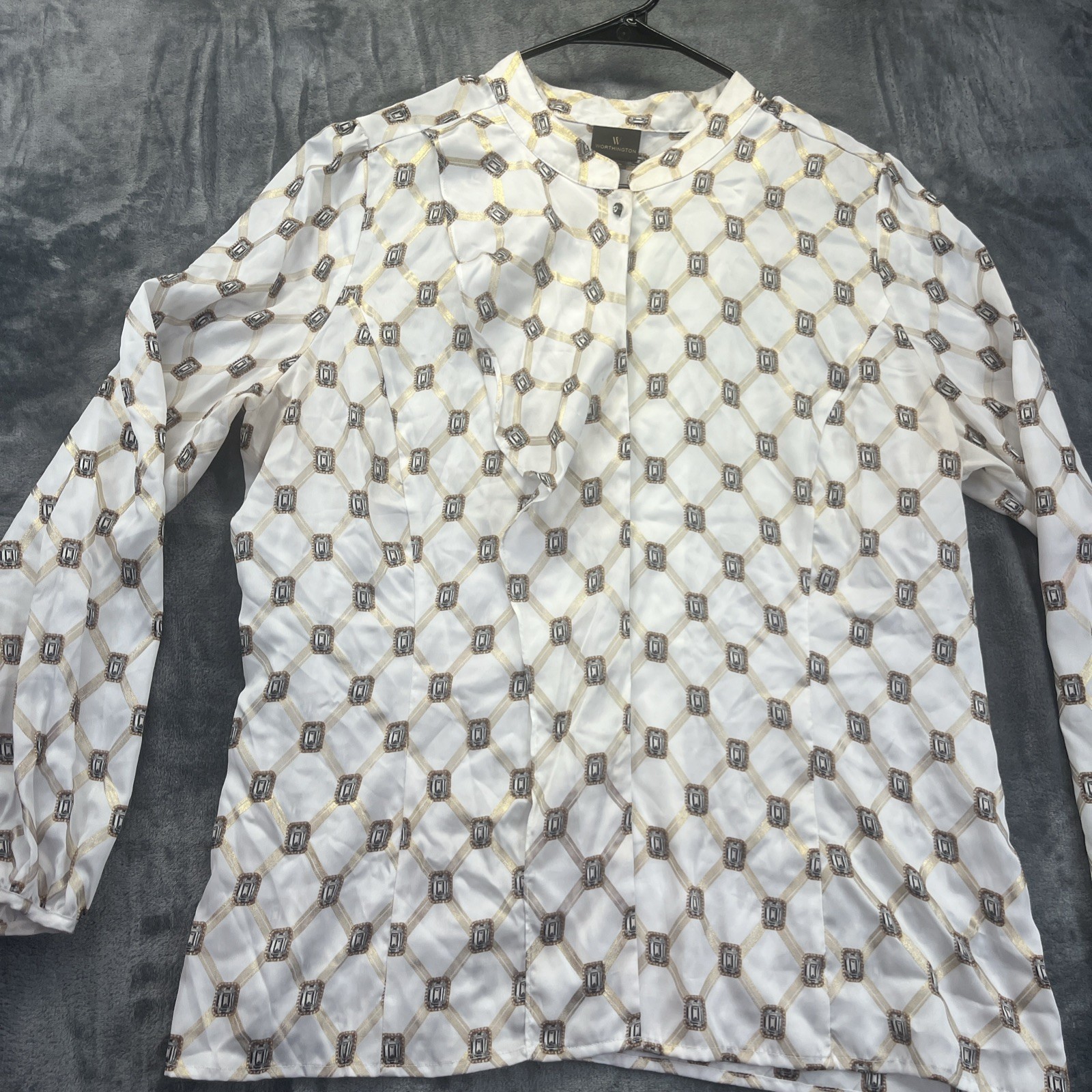 Worthington Womens Blouse XL White Button Up Diamond Pattern Ruffle Puff Sleeve
