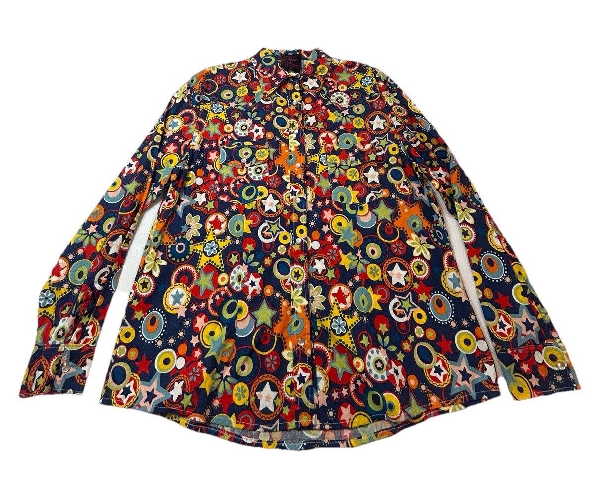 Loyal Threads Button Front Shirt Womens LG Multicolor Regular Fit Retro Print