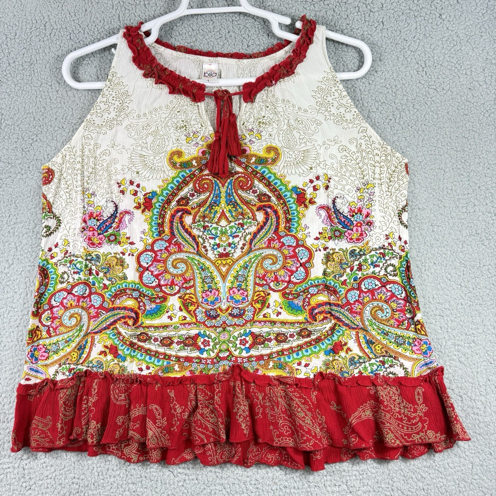 Bila Womens Large Sleeveless Paisley Tank Top Tassel Ruffle Hem Boho Festival