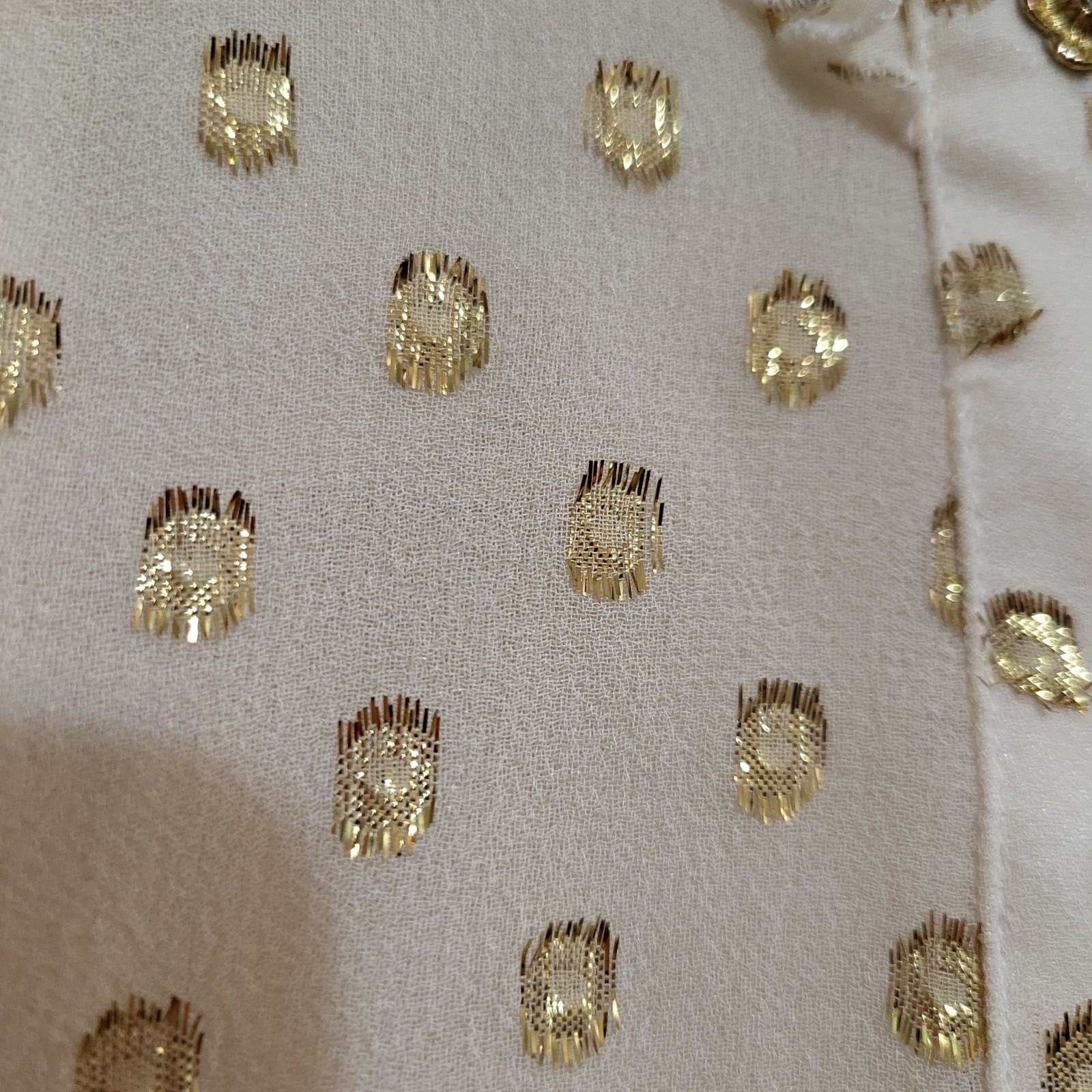 Bebe Cream Gold Ruffle Short Sleeve Button Front Semi Sheer Silk Blouse Size S