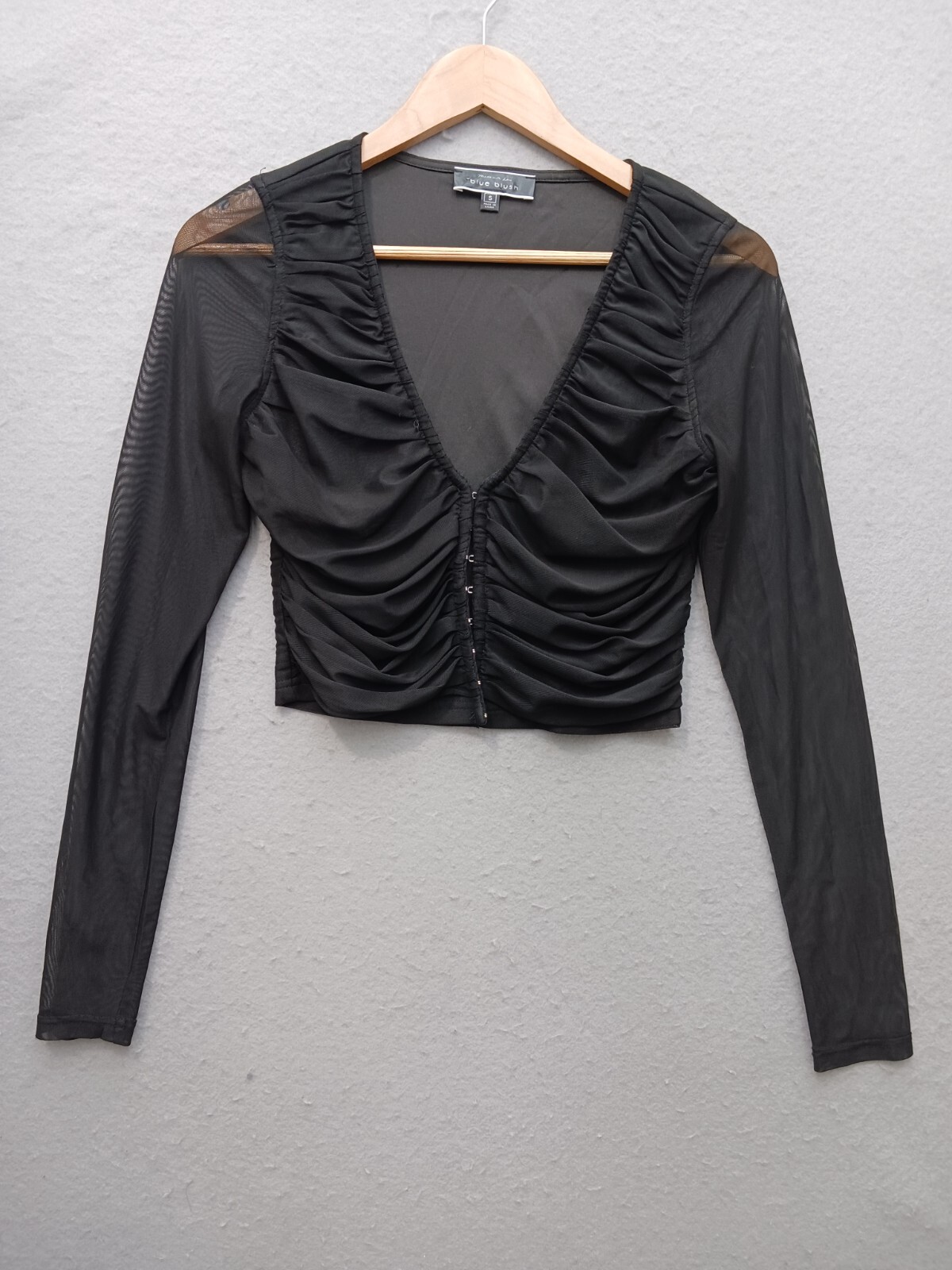 Blue Blush Crop Top S Black Ruched Mesh Sleeve V-Neck Dressy Elegant Casual