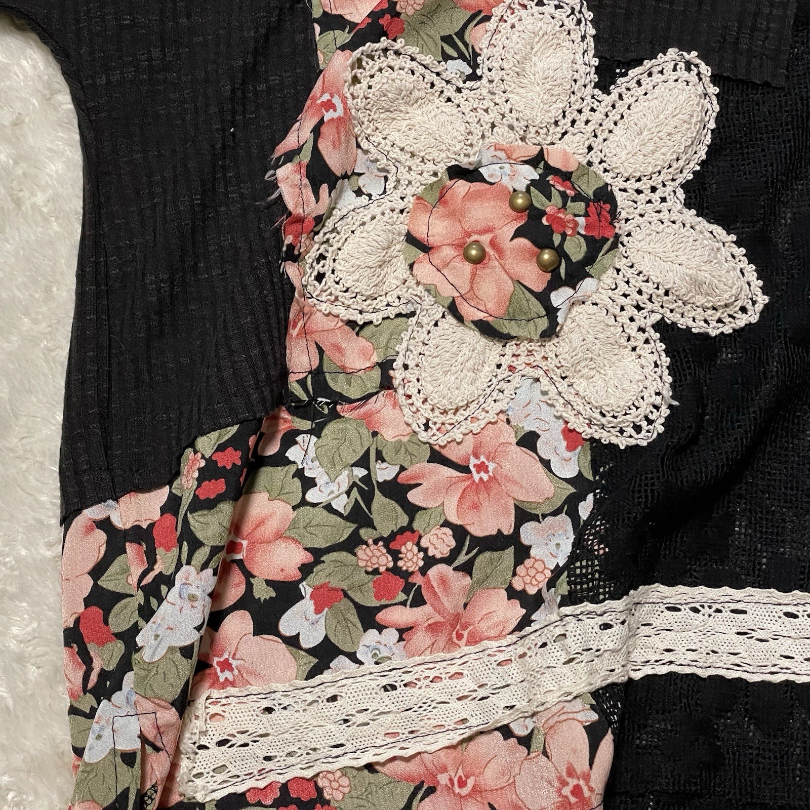 POL patchwork black floral boho hippie oversize top S crochet grunge studs lace
