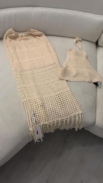 Two piece cute bohemian summer vacation creme colored halter top with tassels