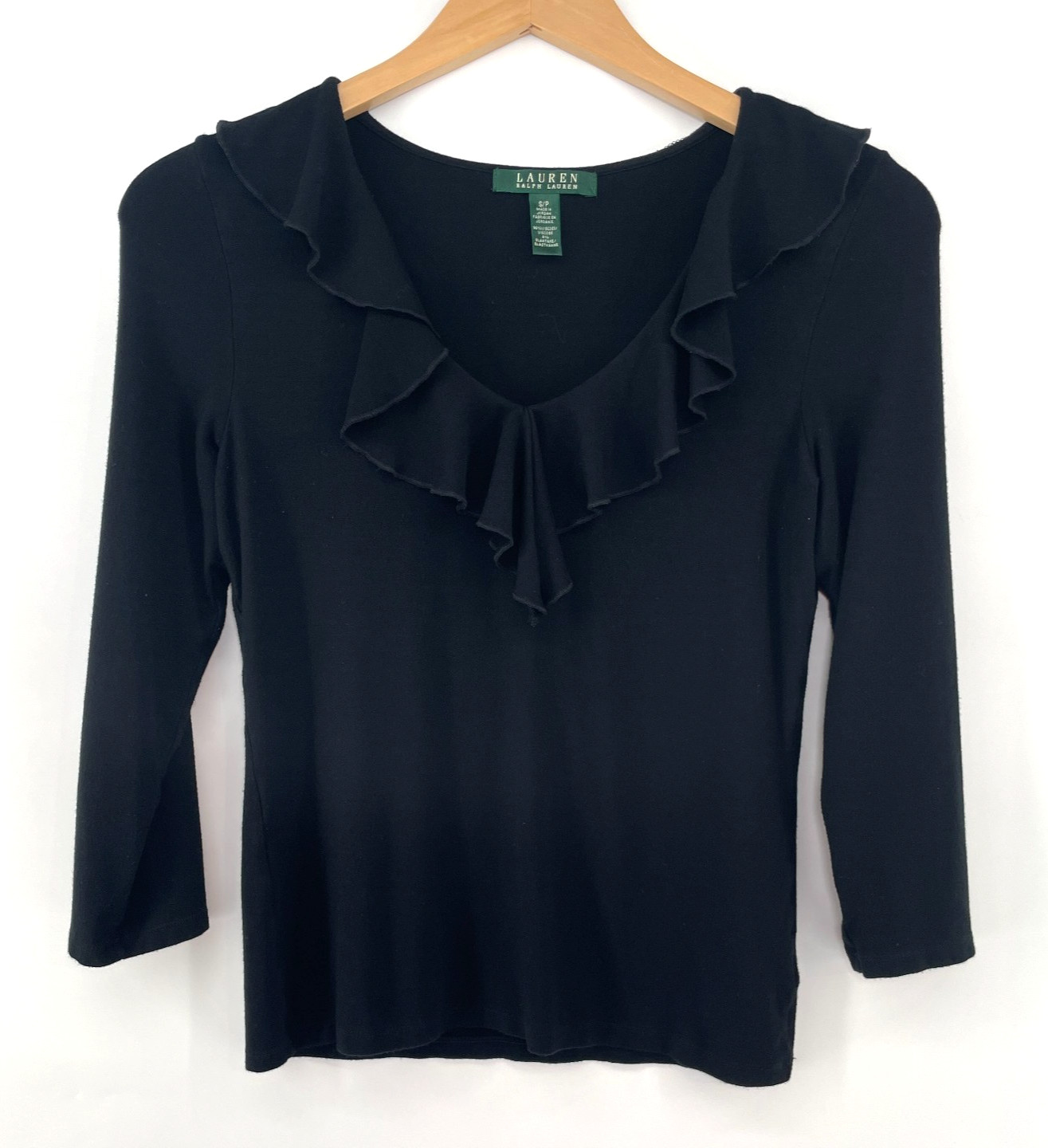Ralph Lauren Black Ruffled V-Neck Top Knit S Office Siren Dark Academia Coquette
