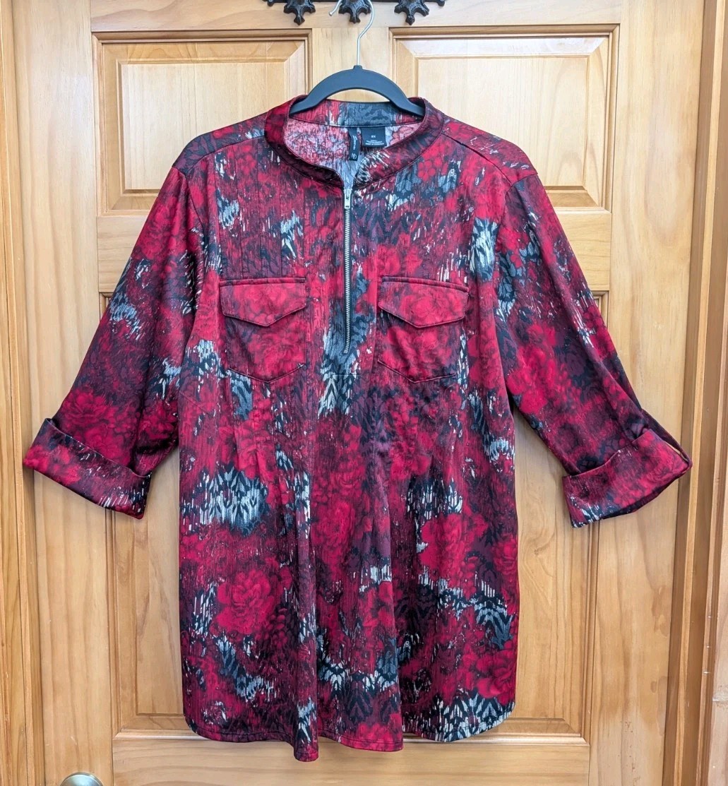 New Directions Women’s 2X Tunic 1/2 Zip Front Patch Pockets 3/4 Sleeves Top